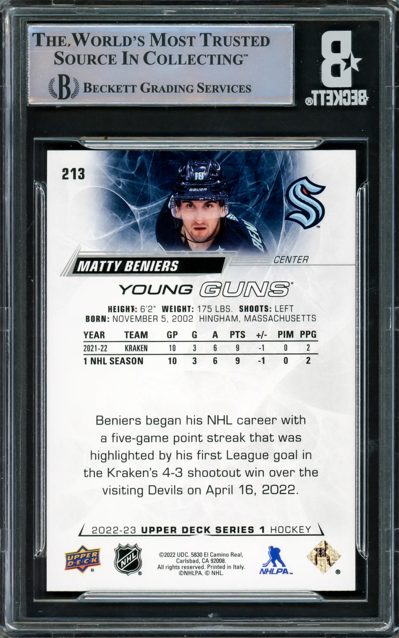 Matty Beniers Autographed 2022 Upper Deck Young Guns Rookie Card #213 Seattle Kraken Beckett BAS #16545461 - Image 2