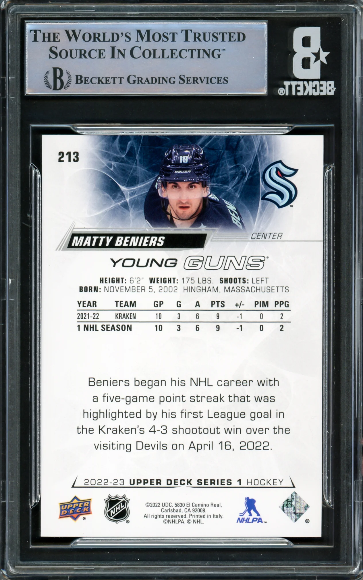 Matty Beniers Autographed 2022 Upper Deck Young Guns Rookie Card #213 Seattle Kraken Beckett BAS Stock #224670 - Image 2