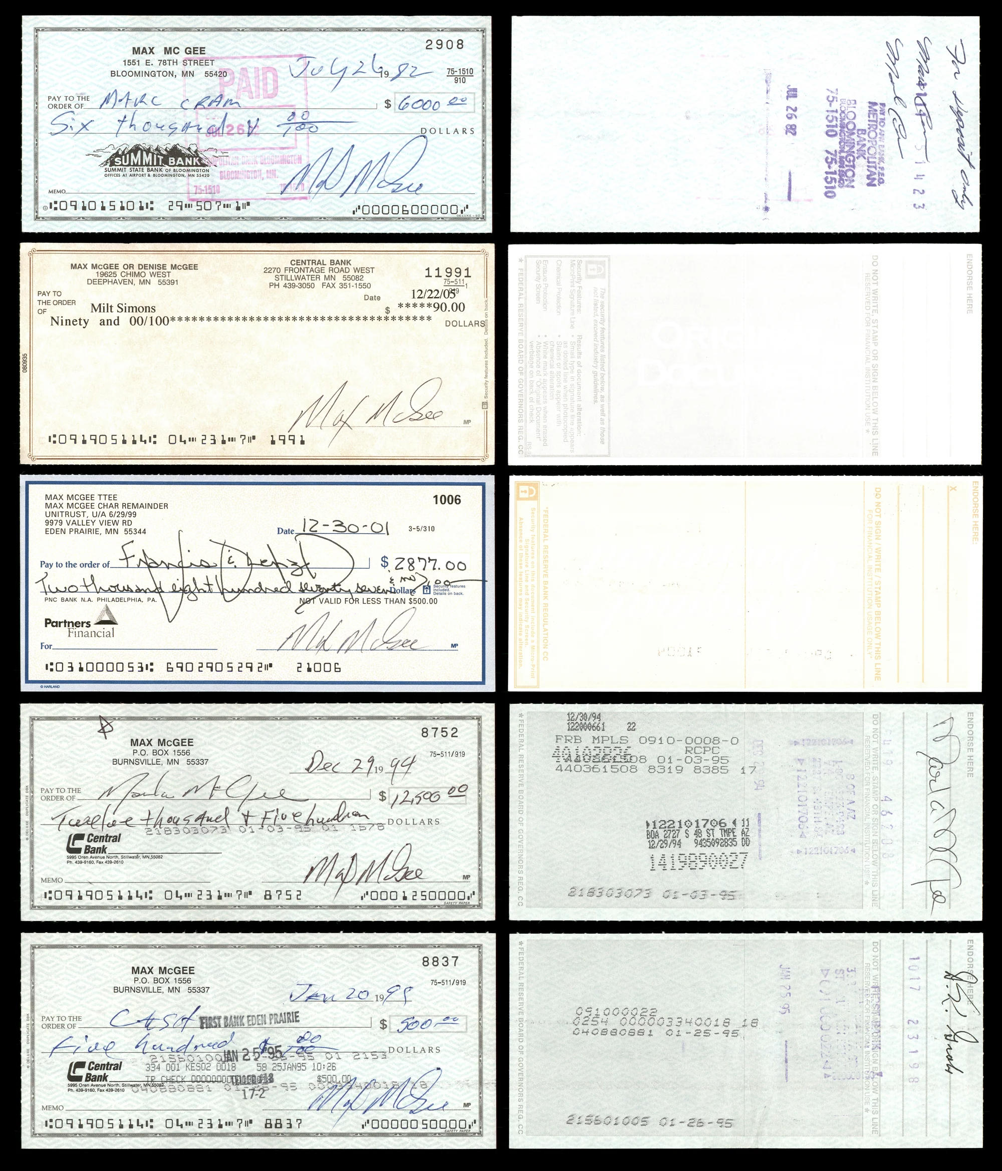 Max McGee Autographed 2.75x6 Check Green Bay Packers Lot of 20 SKU #174045