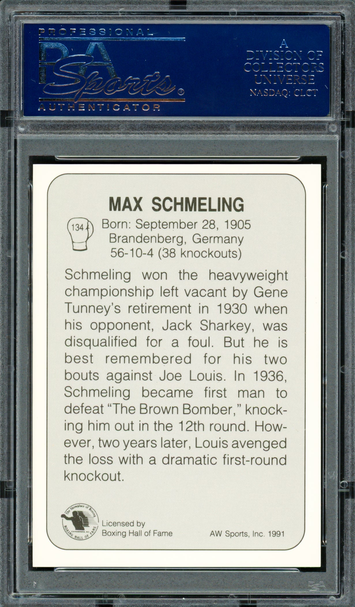 Max Schmeling Autographed 1991 AW Sports Card #134 PSA/DNA #83314039 - Image 2