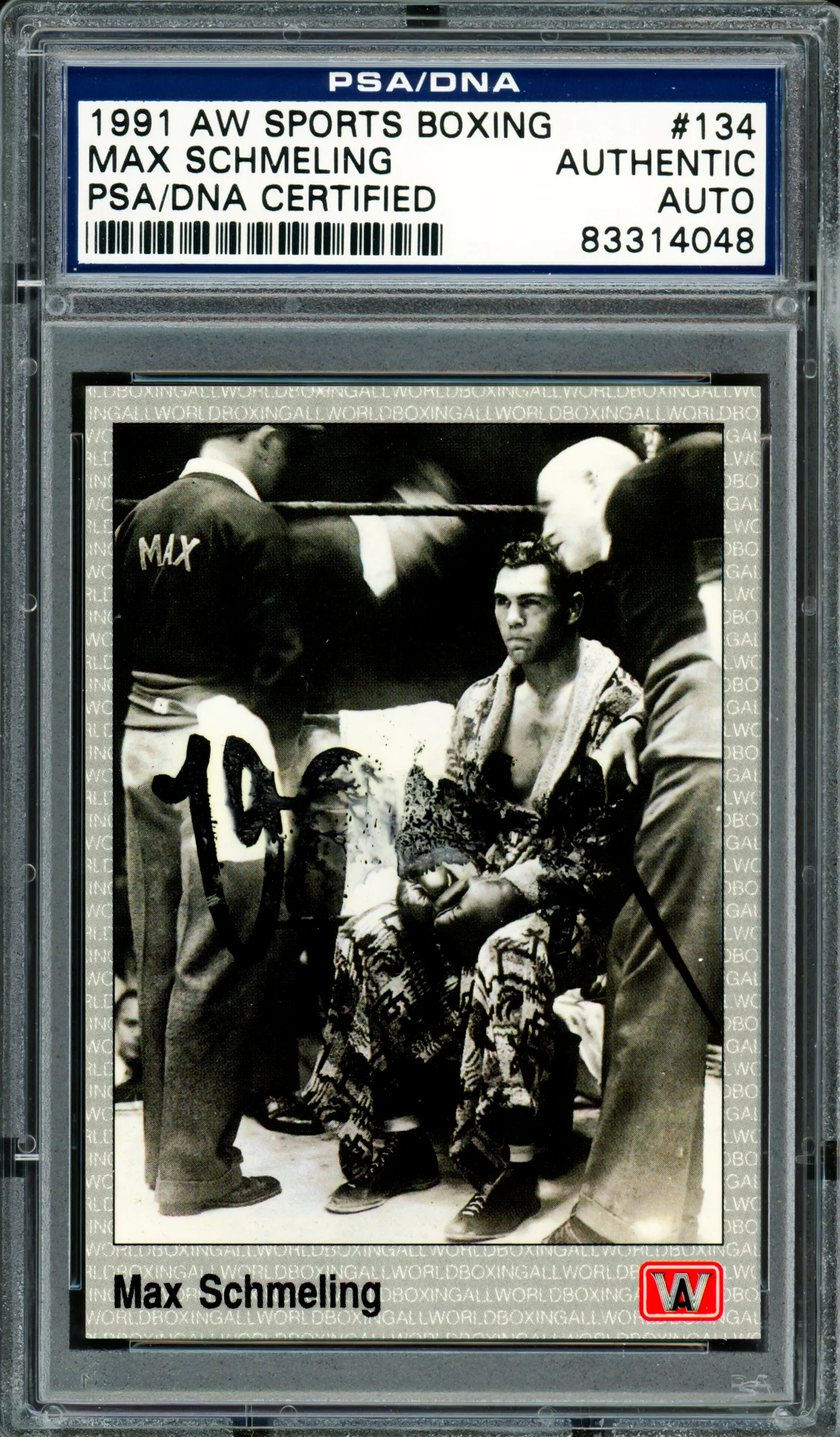 Max Schmeling Autographed 1991 AW Sports Card #134 (Smudged) PSA/DNA #83314048