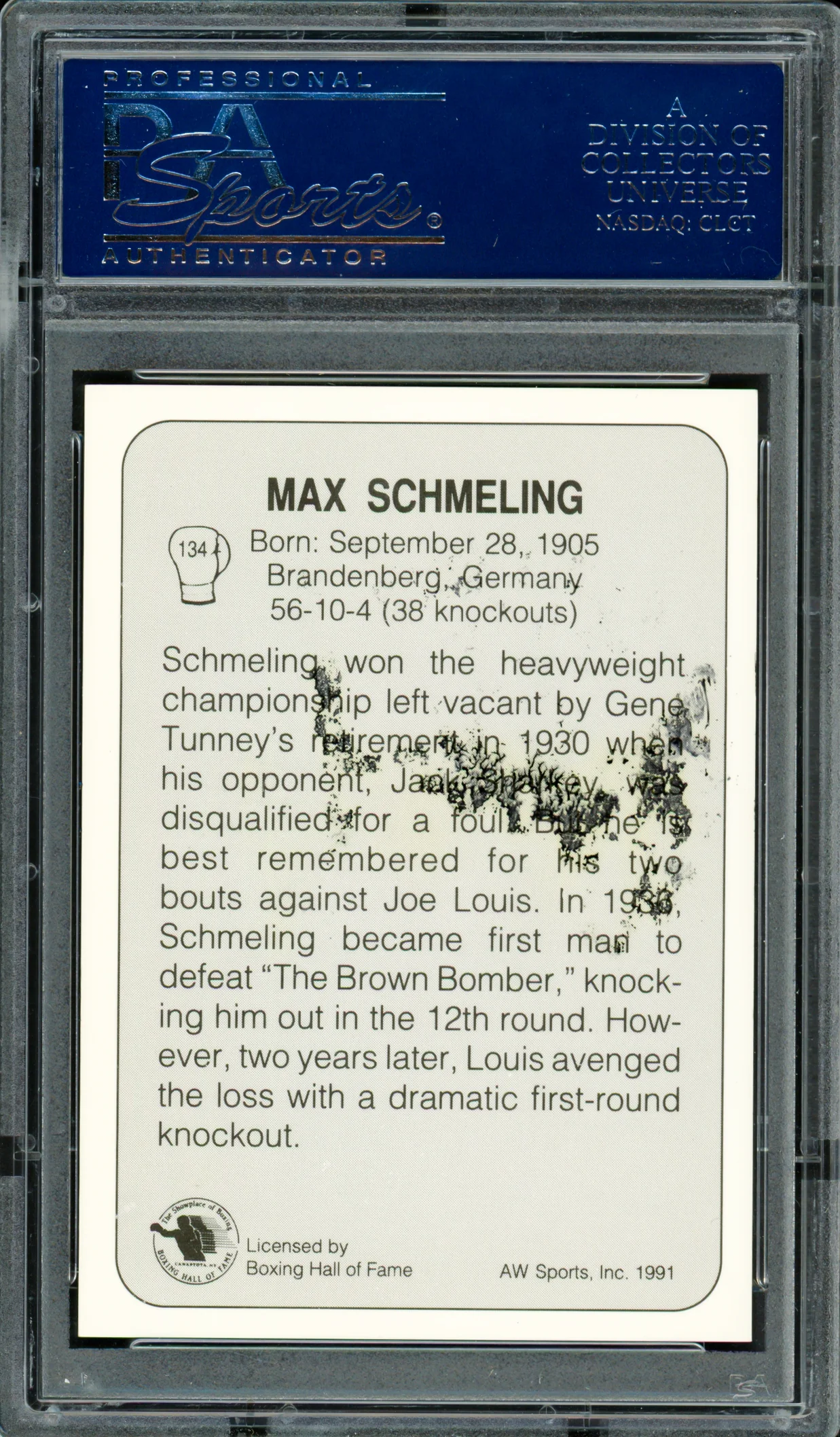 Max Schmeling Autographed 1991 AW Sports Card #134 (Smudged) PSA/DNA #83314048 - Image 2