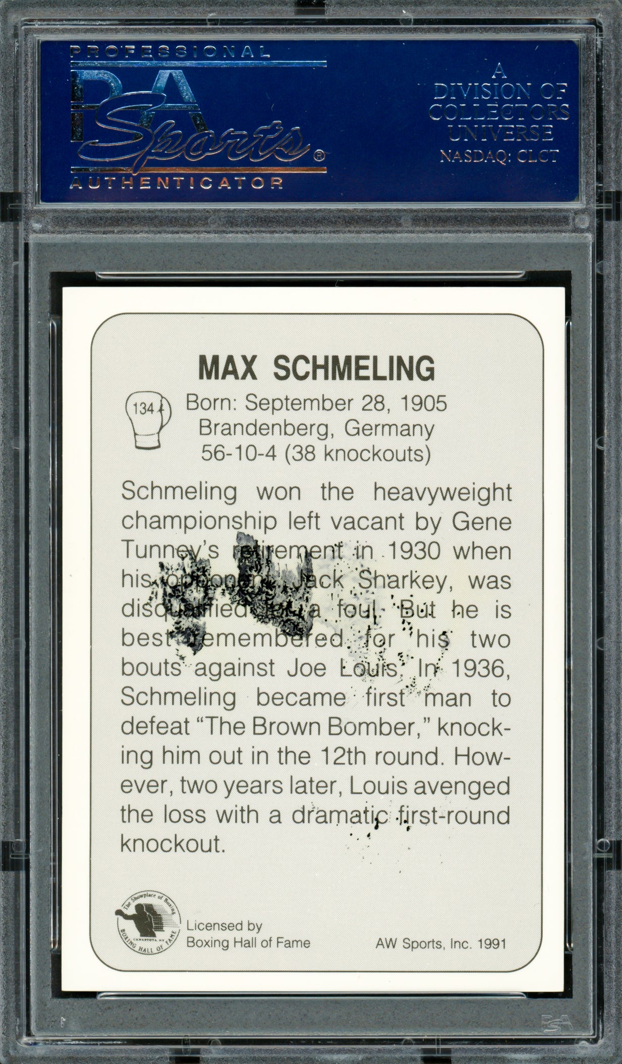 Max Schmeling Autographed 1991 AW Sports Card #134 (Smudged) PSA/DNA #83314056 - Image 2