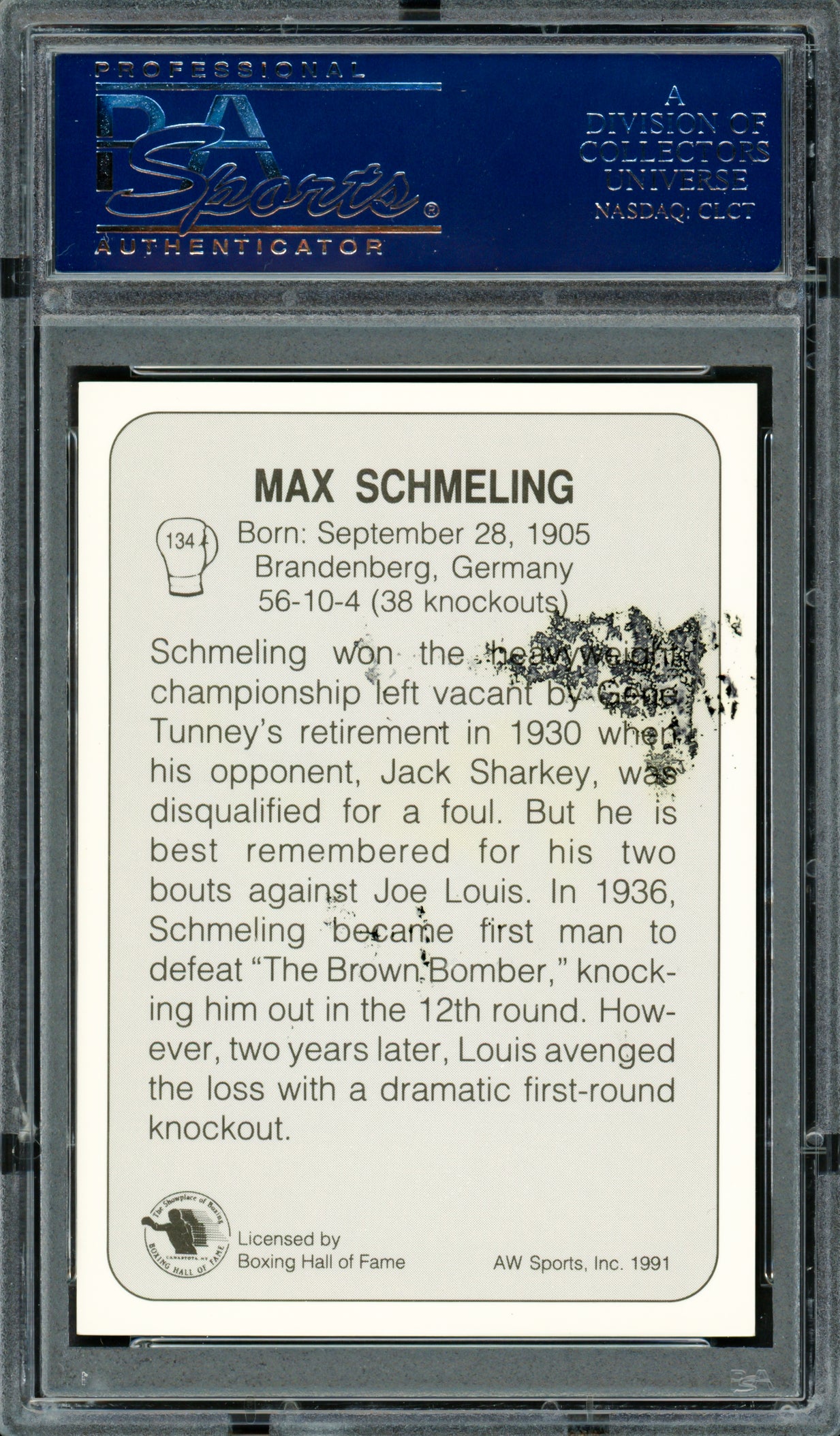 Max Schmeling Autographed 1991 AW Sports Card #134 (Smudged) PSA/DNA #83314055 - Image 2