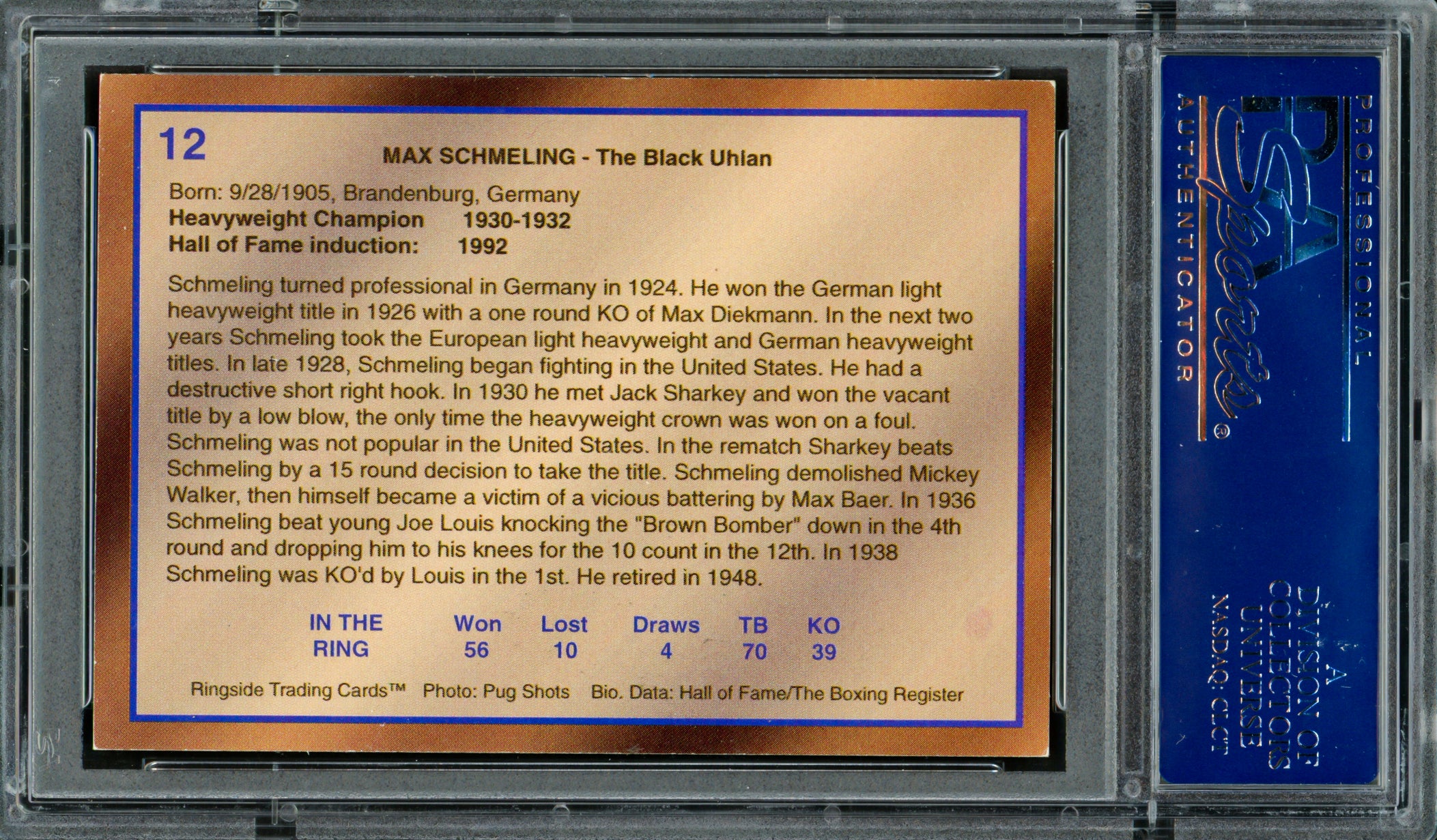 Max Schmeling Autographed 1996 Ringside HOF Card #12 PSA/DNA #83308183 - Image 2