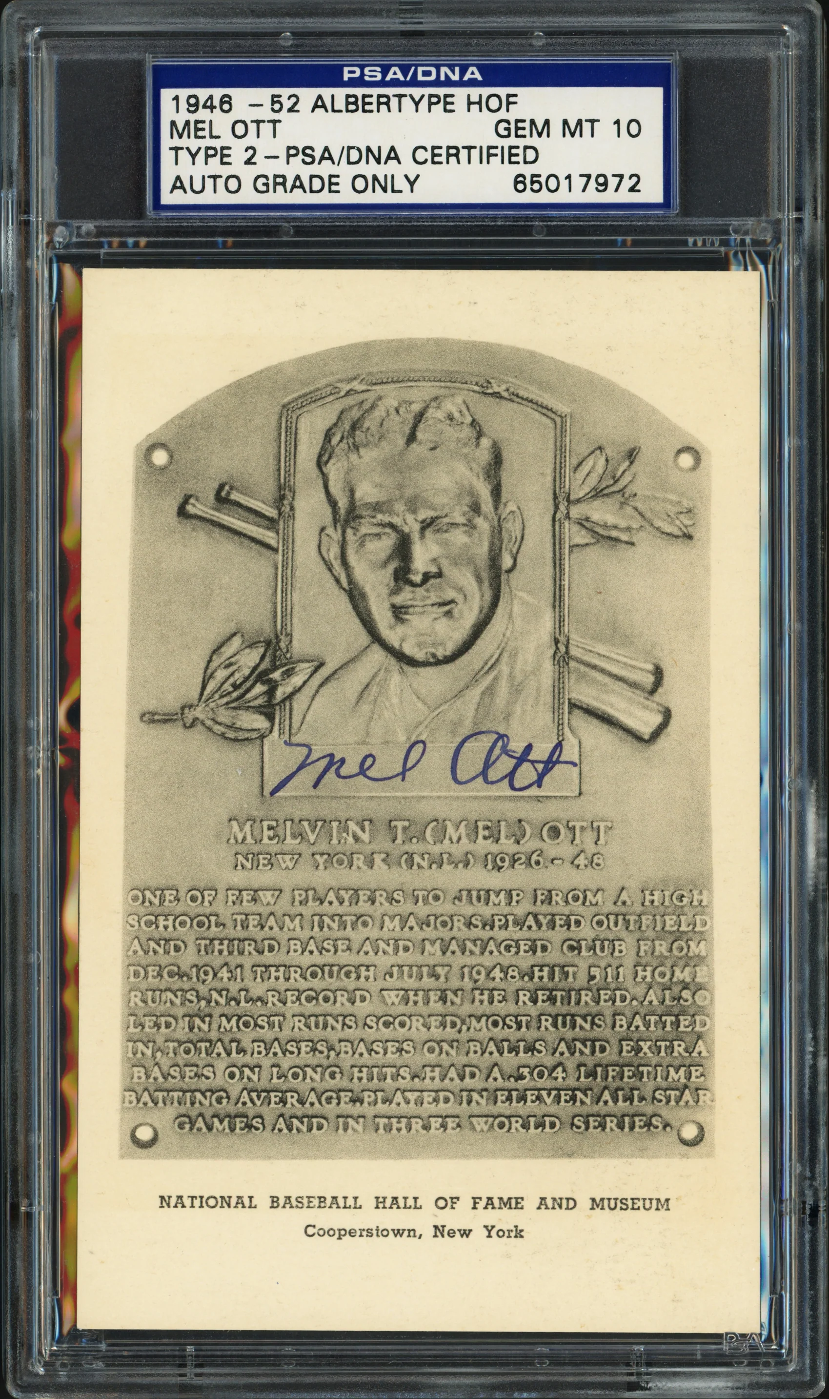 Mel Ott Autographed 1946-52 Albertype Hall of Fame HOF Plaque Postcard New York Giants Auto Grade Gem Mint 10 PSA/DNA #65017972