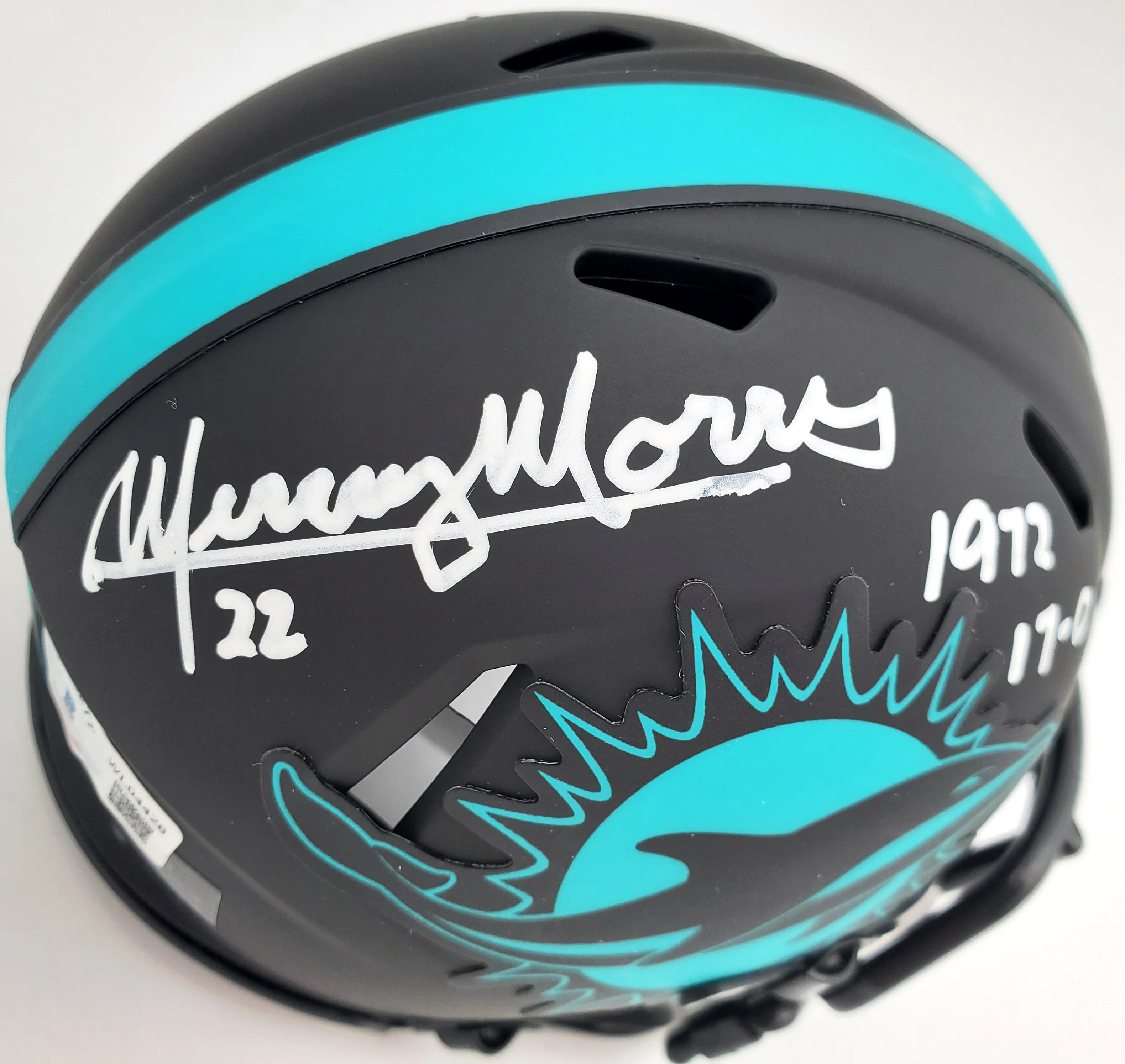 Mercury Morris Autographed Miami Dolphins Eclipse Black Speed Mini Helmet "1972 17-0" Beckett BAS QR Stock #194067 - Image 2