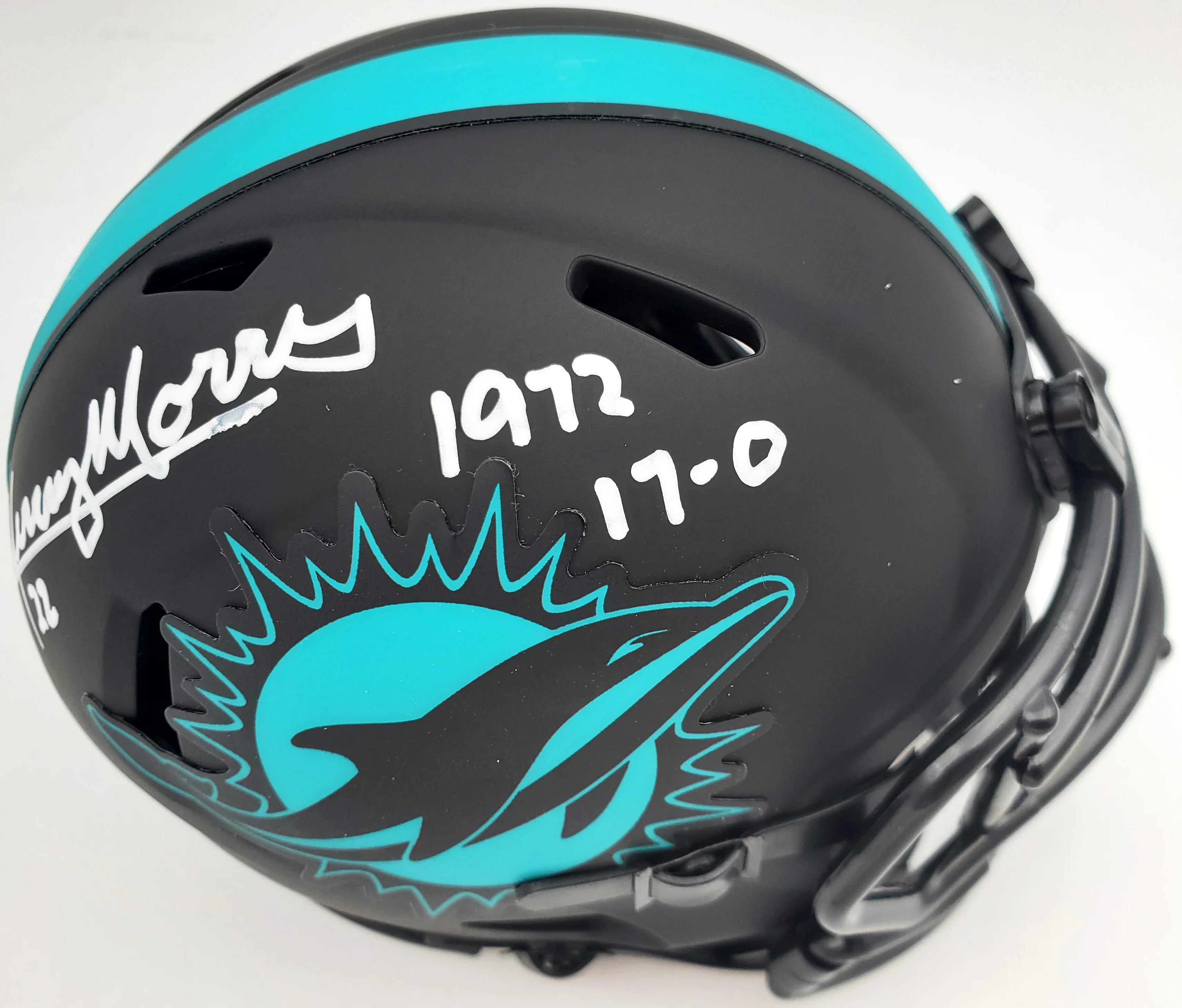 Mercury Morris Autographed Miami Dolphins Eclipse Black Speed Mini Helmet "1972 17-0" Beckett BAS QR Stock #194067 - Image 3