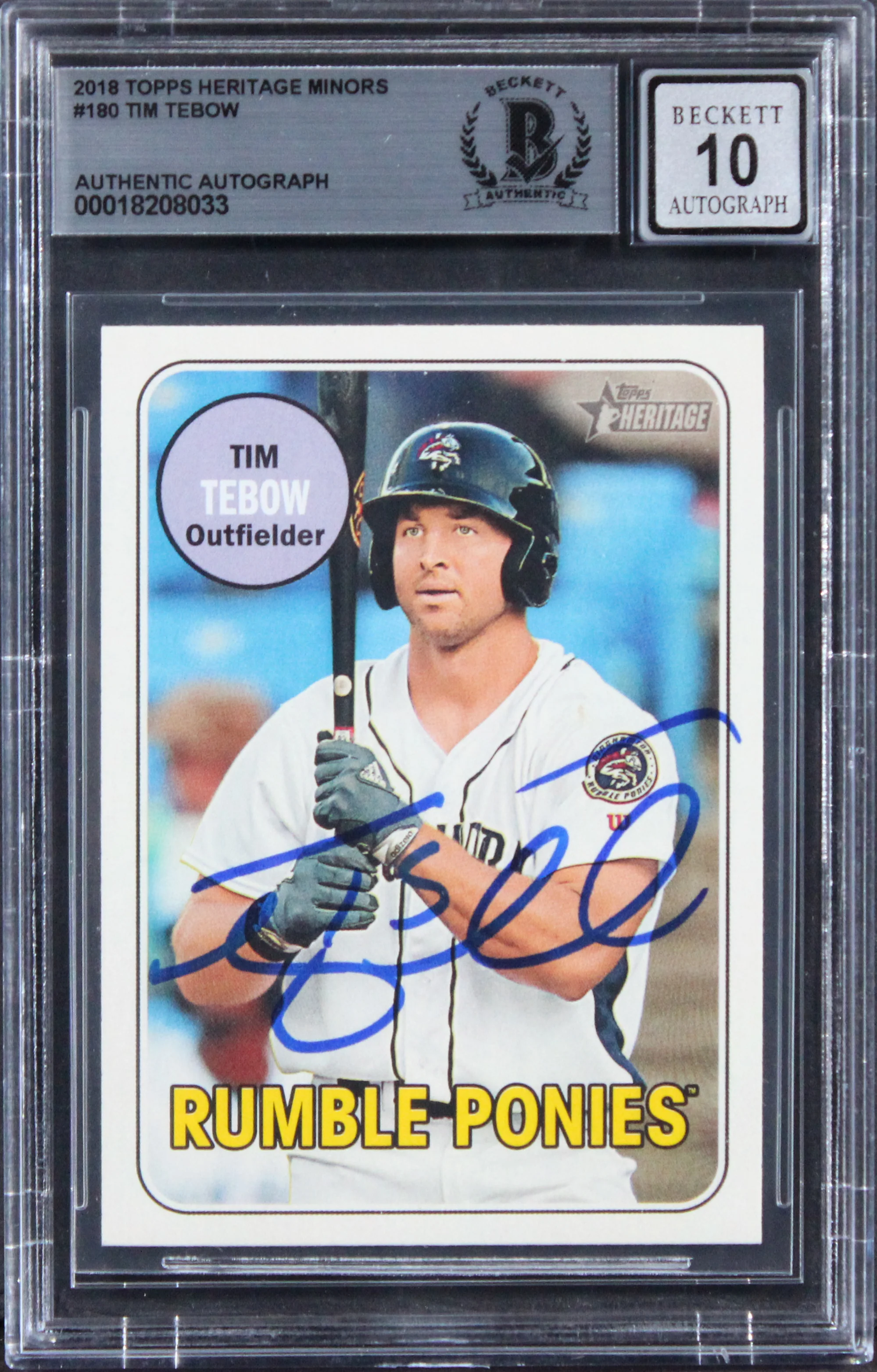 Mets Tim Tebow Signed 2018 Topps Heritage Minors #180 RC Card Auto 10! BAS Slab - Image 2