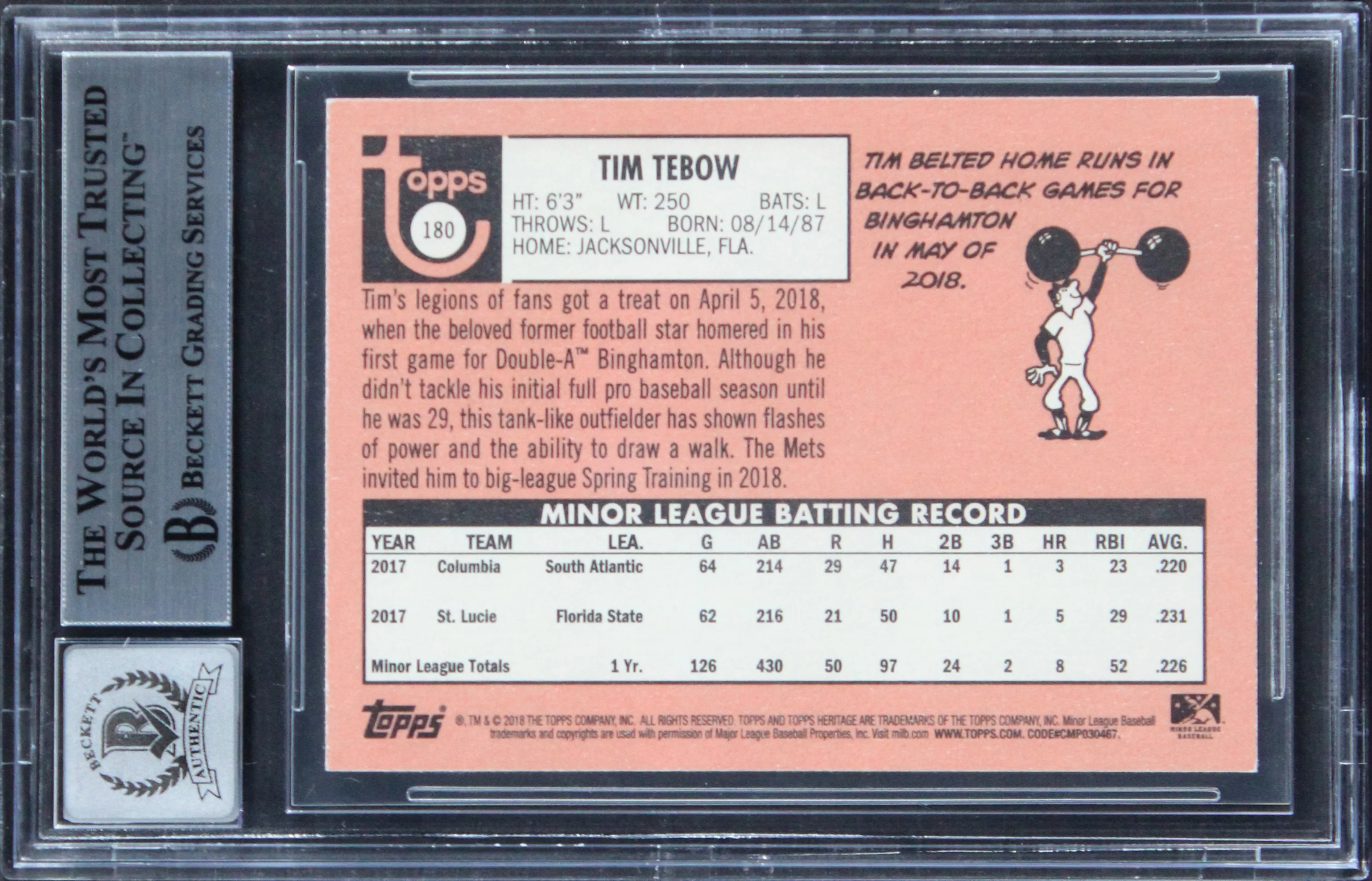 Mets Tim Tebow Signed 2018 Topps Heritage Minors #180 RC Card Auto 10! BAS Slab - Image 3