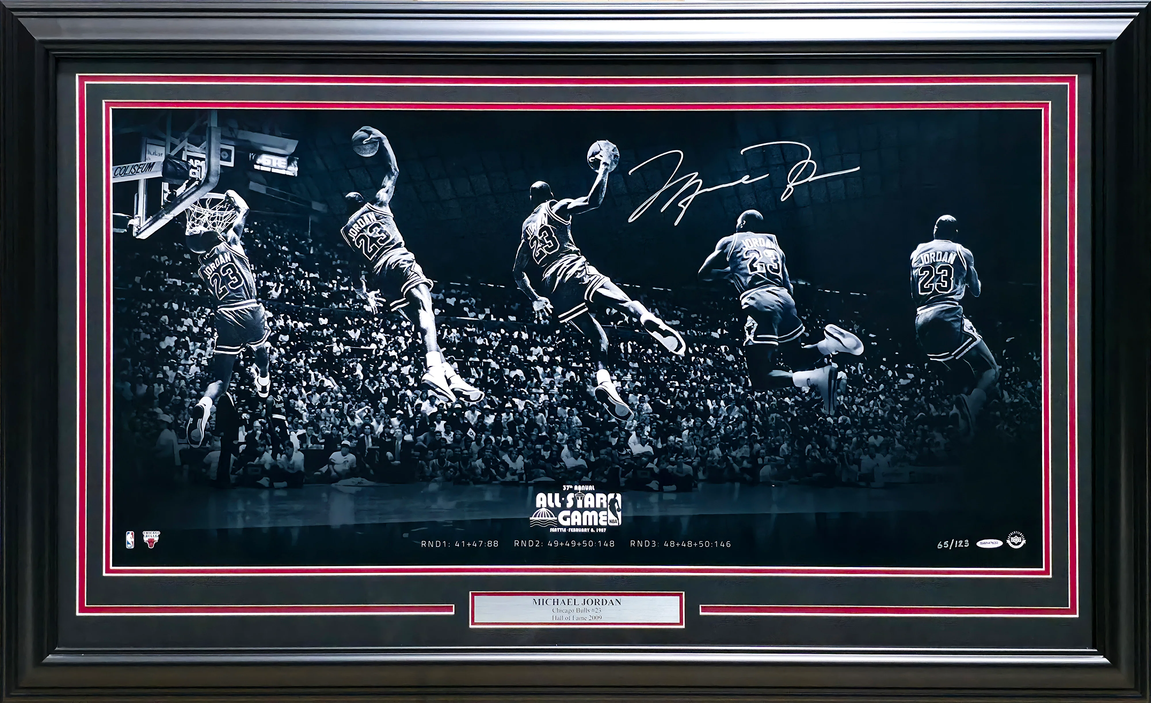 Michael Jordan Autographed Framed 18x36 'Kiss the Rim' Photo Chicago Bulls 1987 NBA Slam Dunk Contest #65/123 UDA Holo #BAM147630