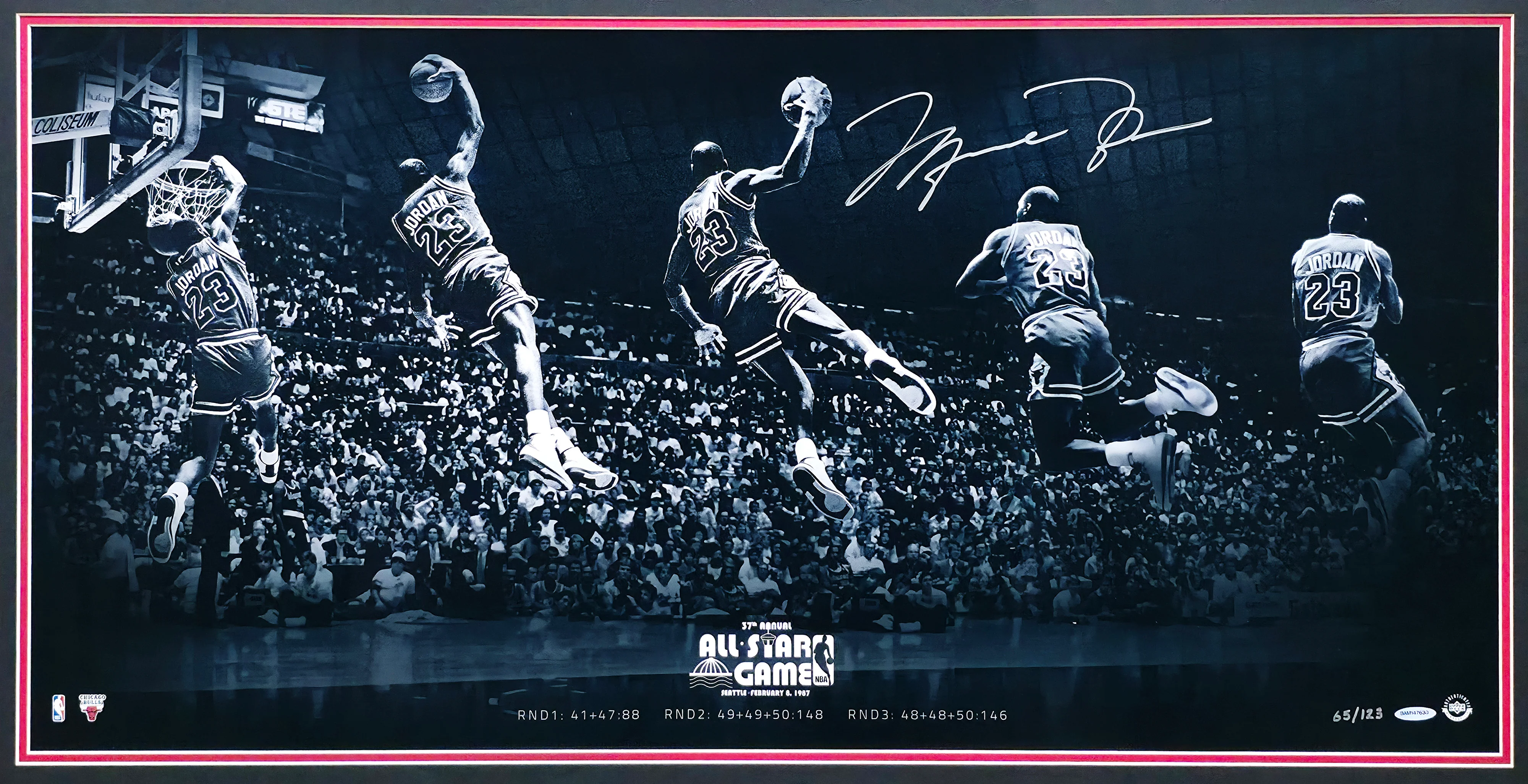 Michael Jordan Autographed Framed 18x36 'Kiss the Rim' Photo Chicago Bulls 1987 NBA Slam Dunk Contest #65/123 UDA Holo #BAM147630 - Image 2