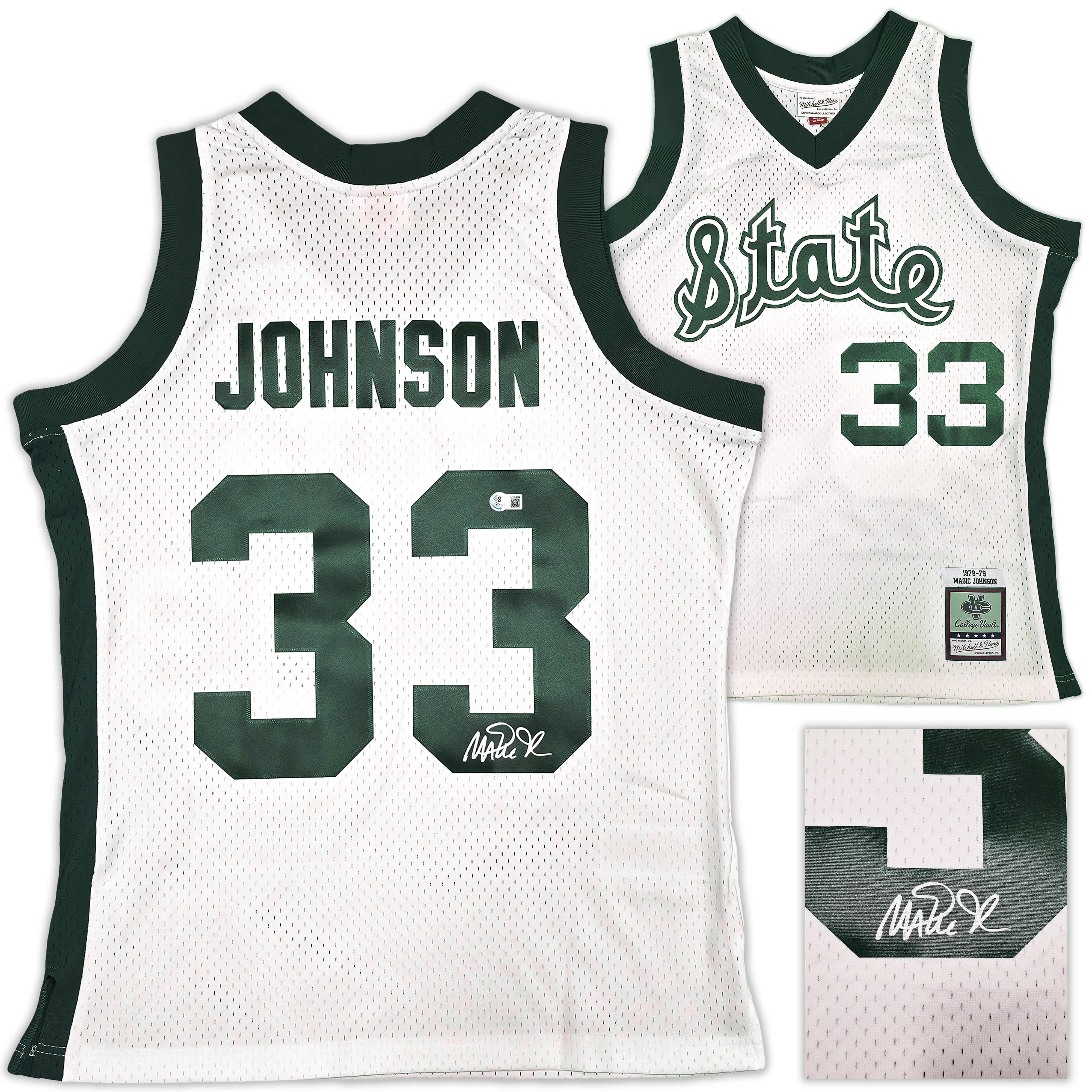 Michigan State Spartans Magic Johnson Autographed White Authentic Mitchell & Ness 1978-79 College Vault Jersey Size L Beckett BAS Witness Stock #256713