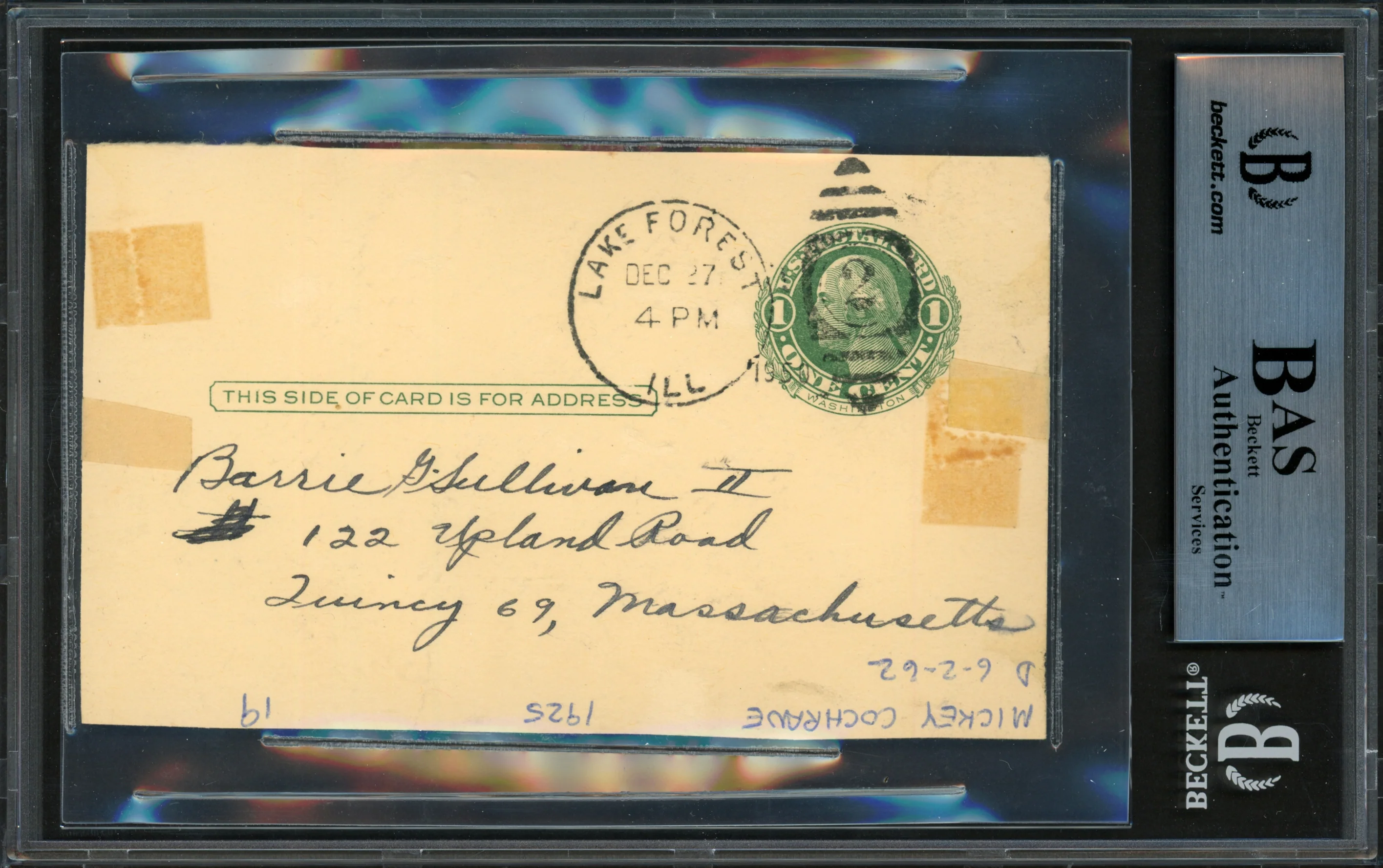 Mickey Cochrane Autographed 3"x5" Government Postcard Detroit Tigers "To Barrie" (Trimmed Down) Beckett BAS #14232625 - Image 2