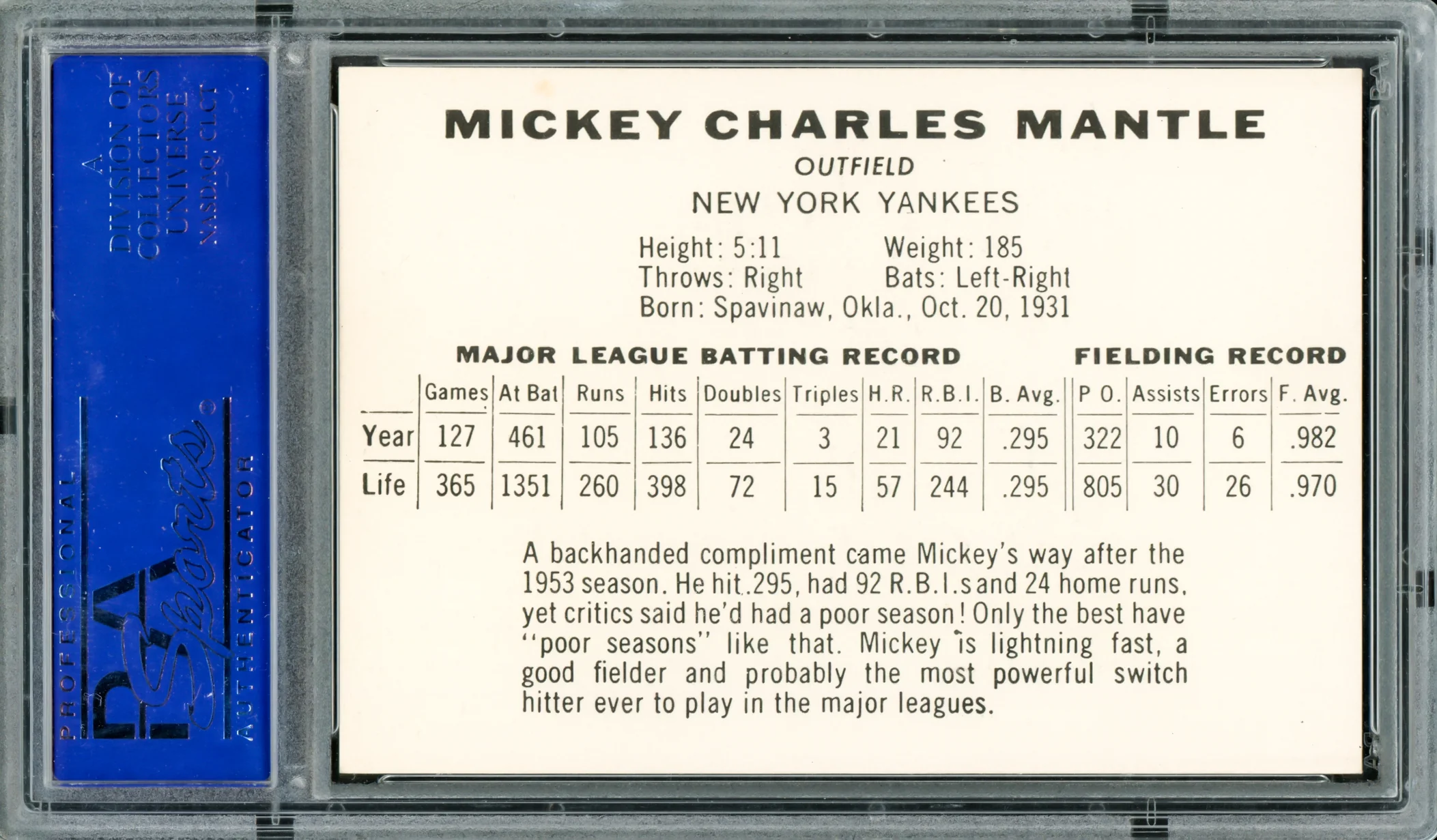 Mickey Mantle Autographed 1954 Sports Illustrated Reprint Card New York Yankees PSA/DNA #31435351 - Image 2