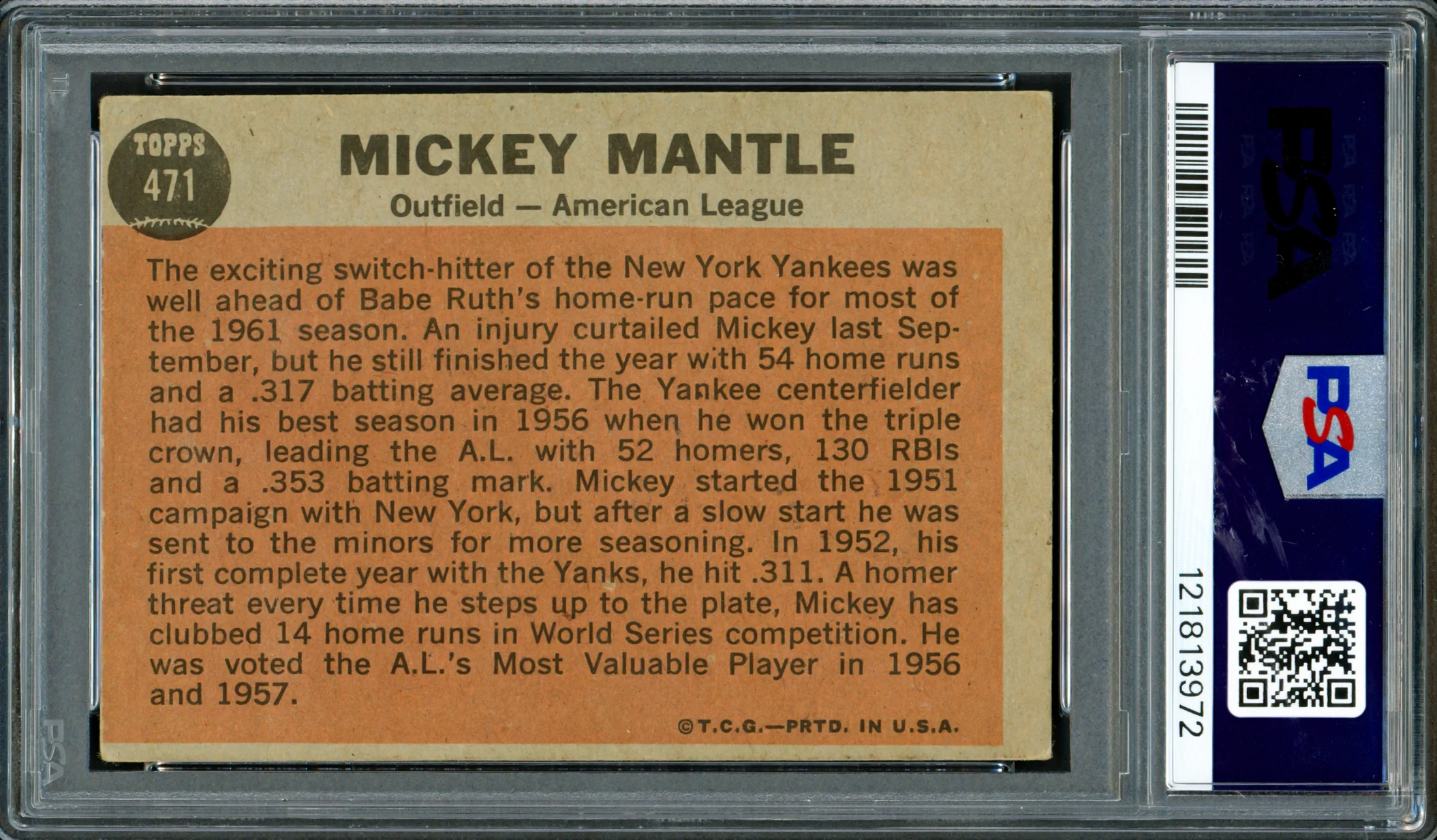 Mickey Mantle Autographed 1962 Topps Card #471 New York Yankees PSA 3 Auto Grade 5 PSA/DNA #121813972 - Image 2
