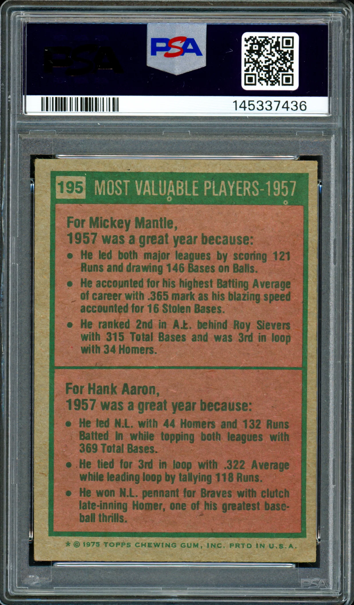 Mickey Mantle & Hank Aaron Autographed 1975 Topps Card #195 PSA 3 Auto Grade Near Mint/Mint 8 PSA/DNA #145337436 - Image 2