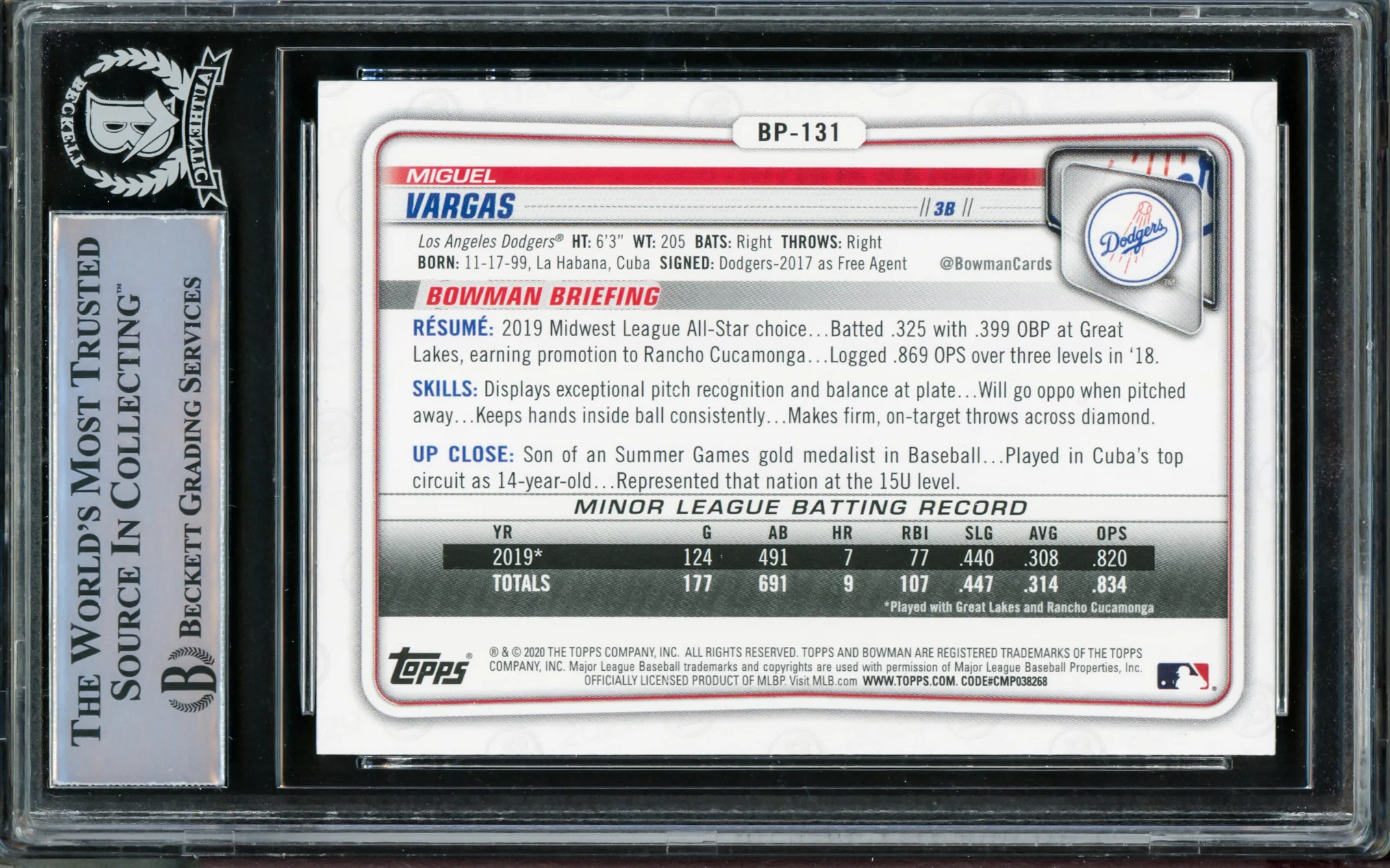 Miguel Vargas Autographed 2020 1st Bowman Rookie Card #BP-131 Dodgers, White Sox Full Name Beckett BAS Stock #210497 - Image 2