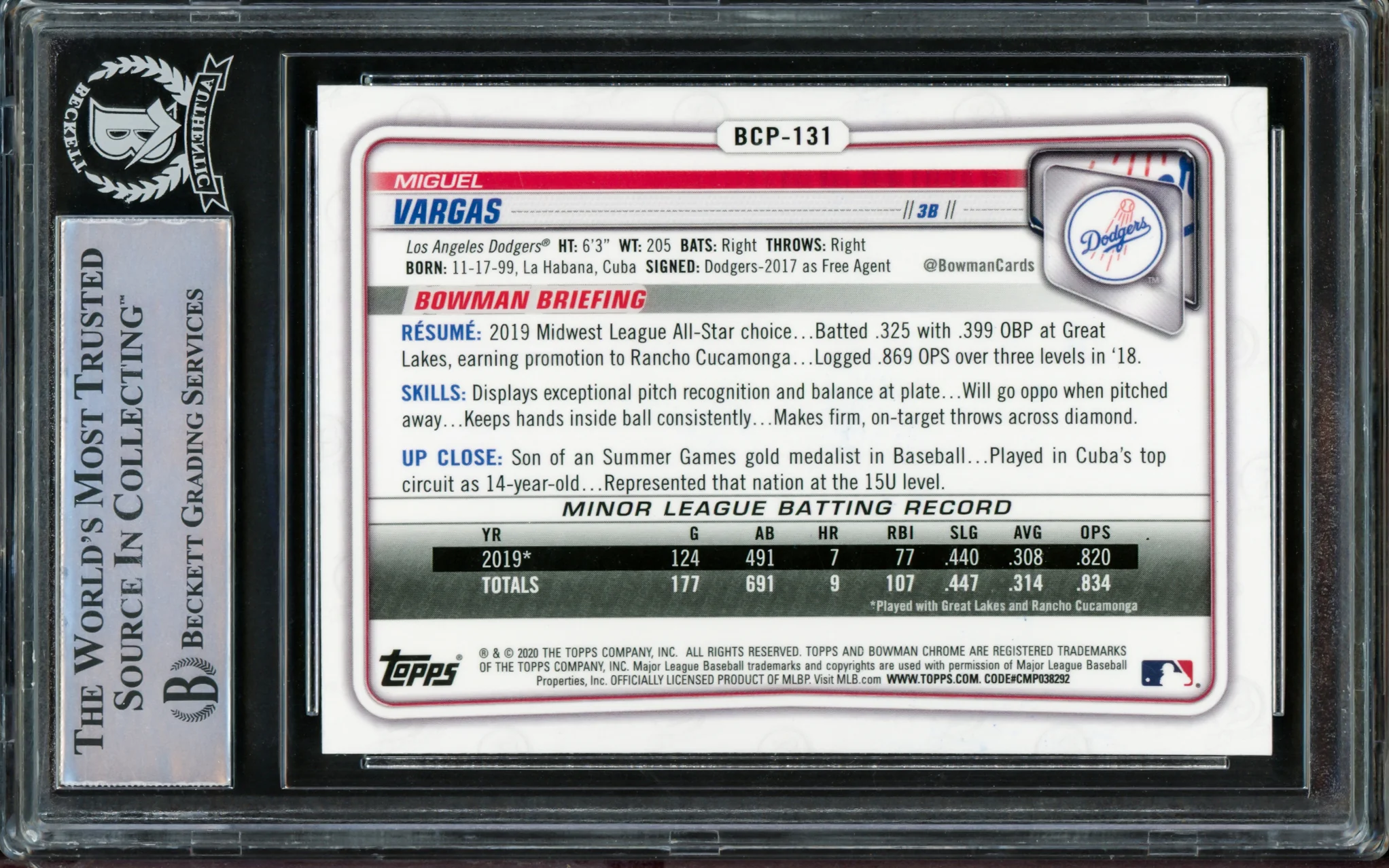 Miguel Vargas Autographed 2020 Bowman Chrome Rookie Card #BCP-131 Dodgers, White Sox "1st MLB Hit 8/3/22" Beckett BAS Stock #210840 - Image 2