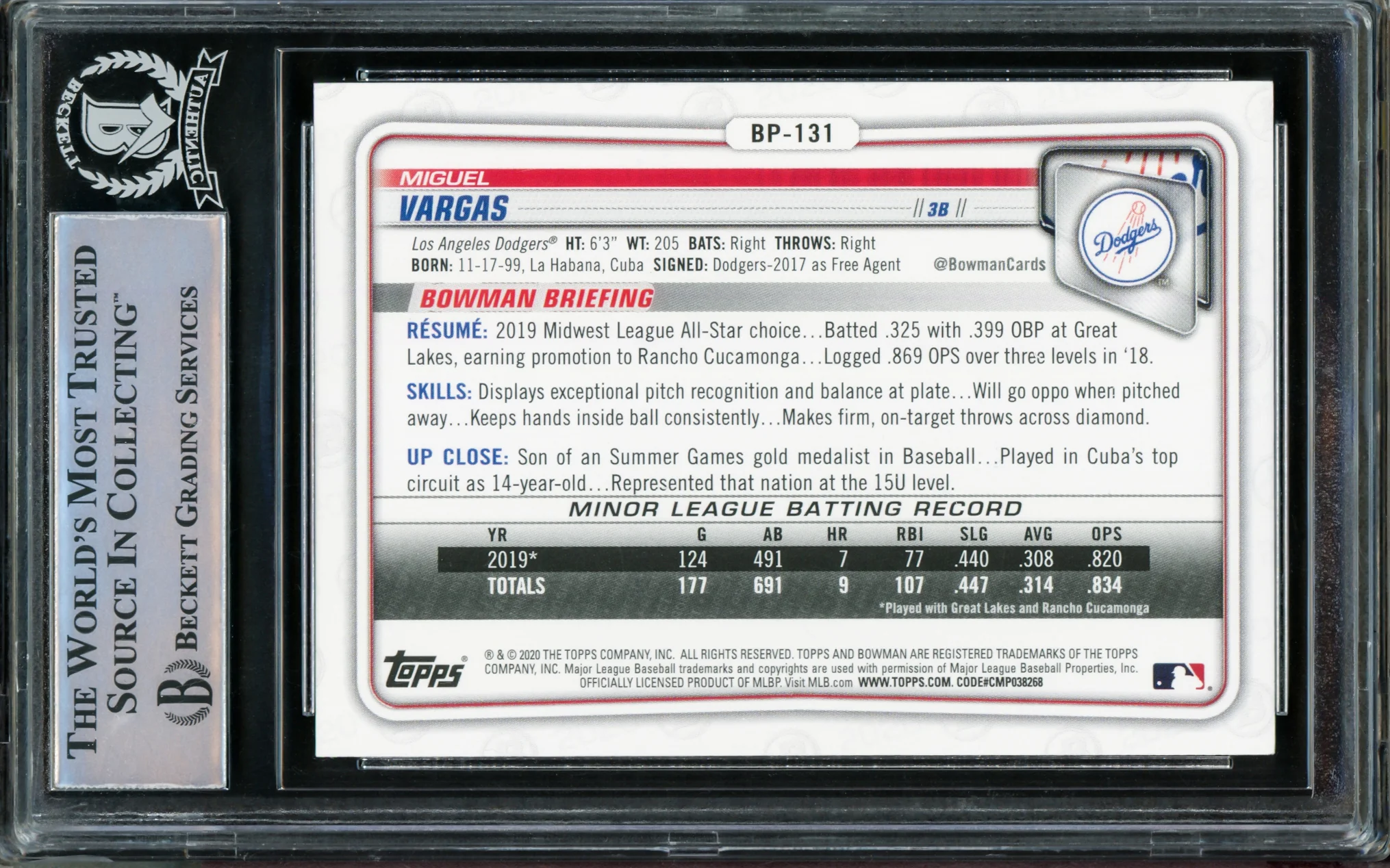 Miguel Vargas Autographed 2020 Bowman Prospects Rookie Card #BP-131 Dodgers, White Sox "1st MLB Hit 8/3/22" Beckett BAS Stock #210842 - Image 2