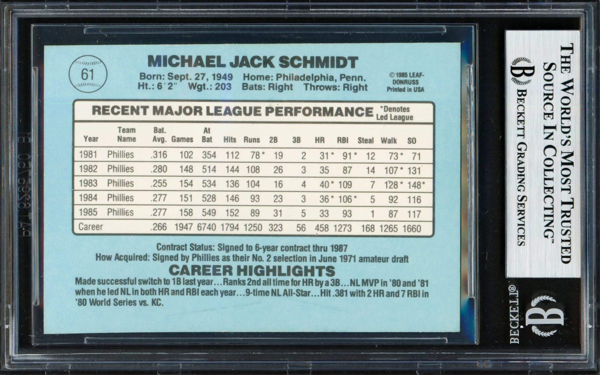 Mike Schmidt Autographed 1986 Donruss Card #61 Philadelphia Phillies Beckett BAS #19213093 - Image 2