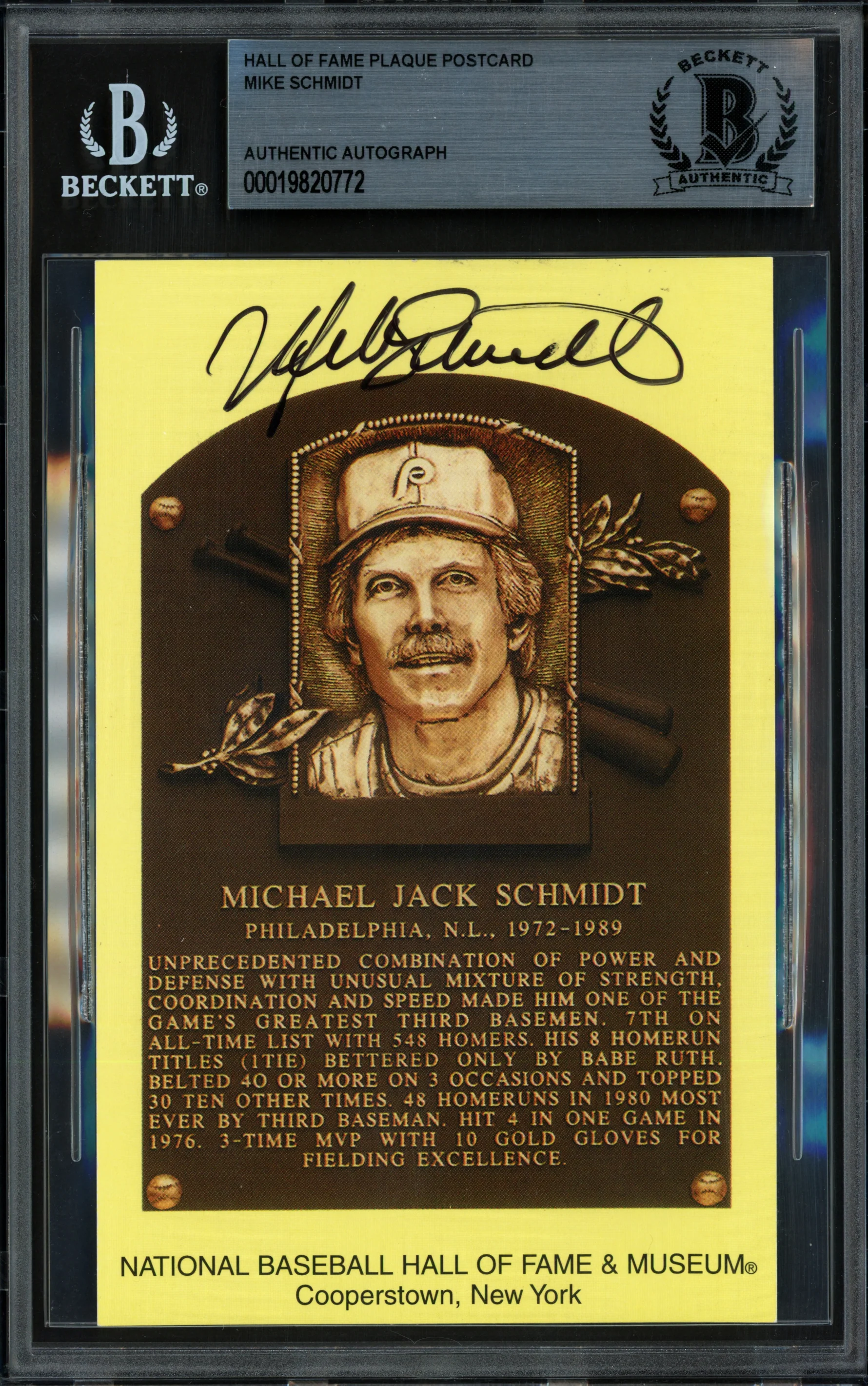 Mike Schmidt Autographed Hall of Fame HOF Plaque Postcard Philadelphia Phillies Beckett BAS #19820772