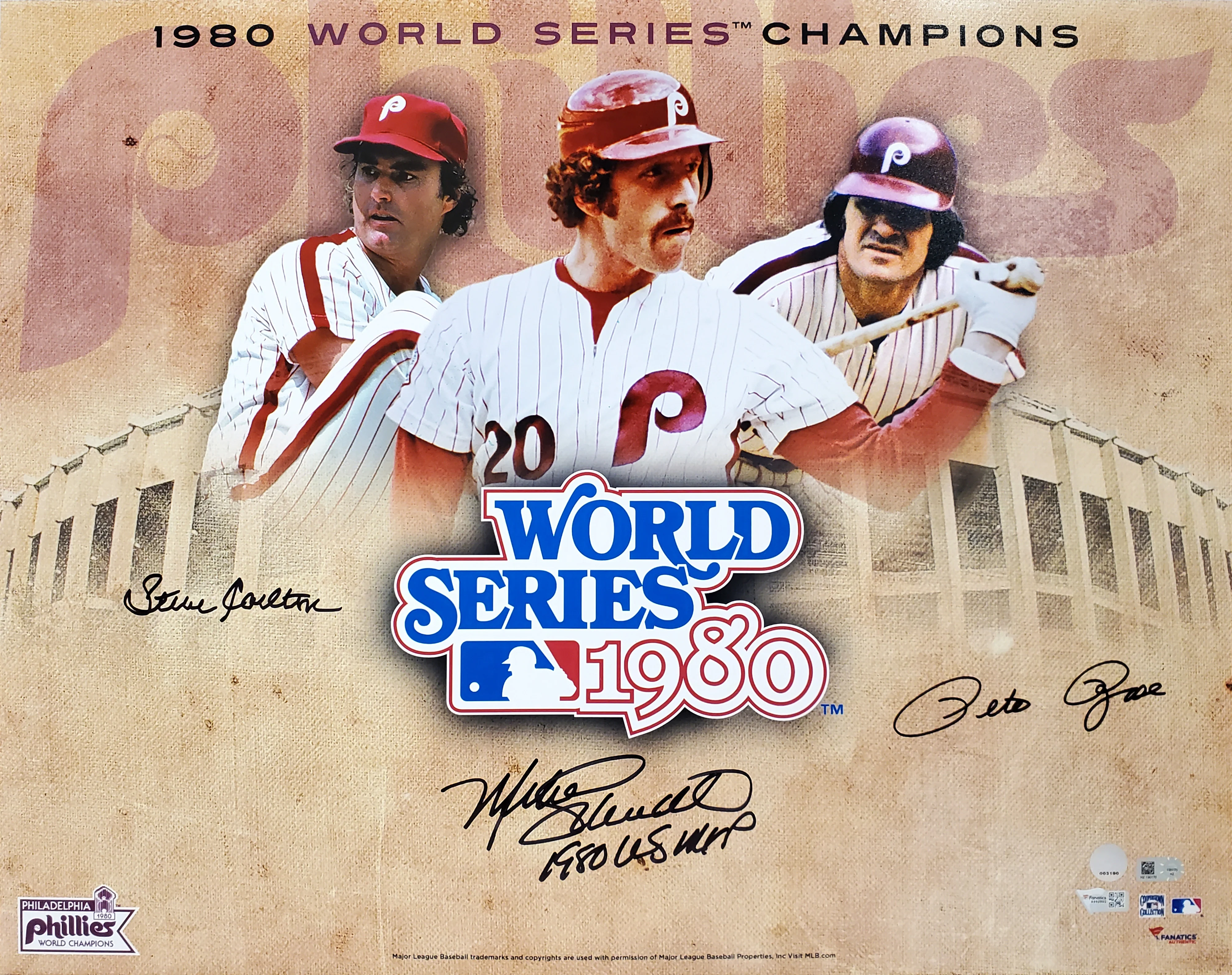 Mike Schmidt, Pete Rose & Steve Carlton Autographed Framed 16x20 Photo 1980 World Series Champion Philadelphia Phillies MLB Holo Stock #256668 - Image 2