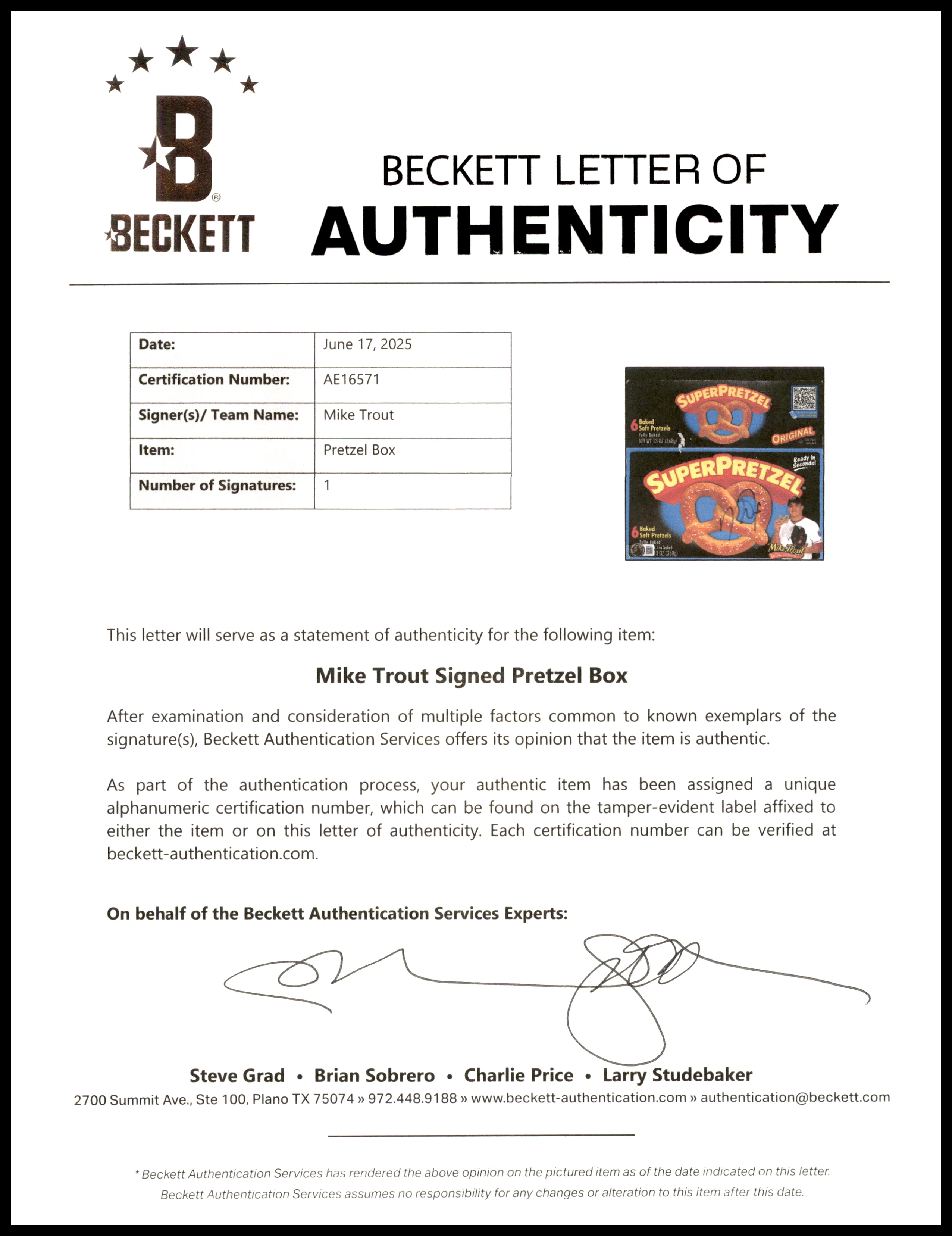 Mike Trout Autographed 8x8 Super Pretzel Box California Angels Beckett BAS #AE16571 - Image 3