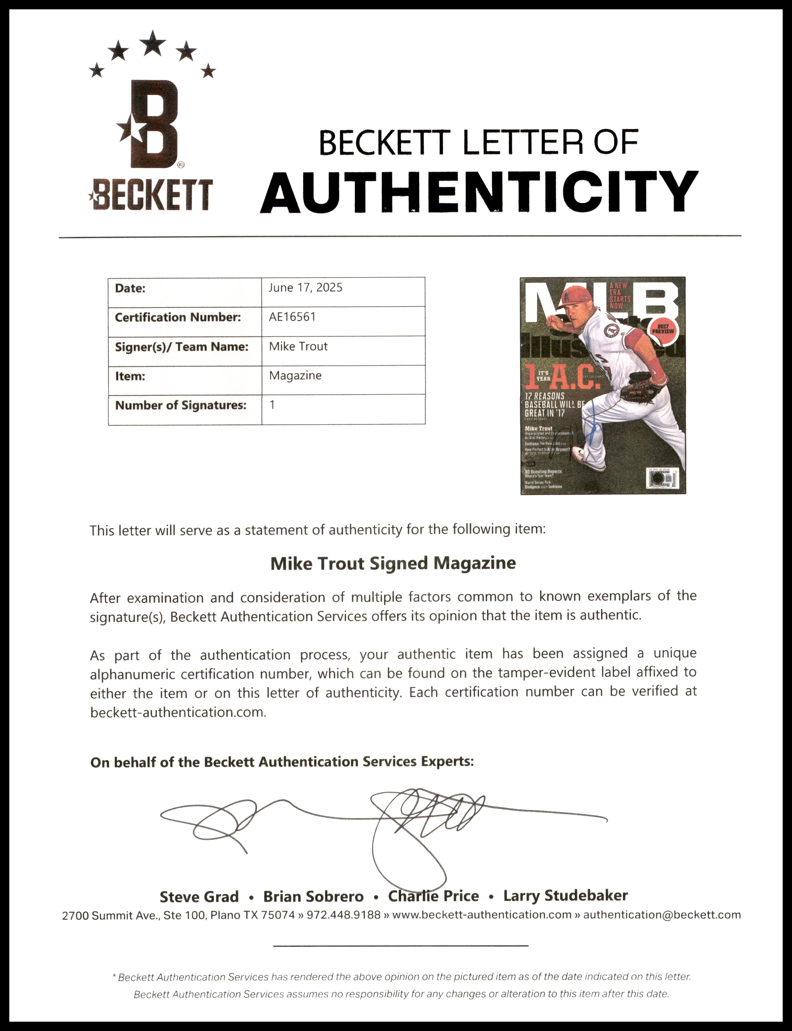 Mike Trout Autographed Sports Illustrated California Angels Beckett BAS #AE16561 - Image 3