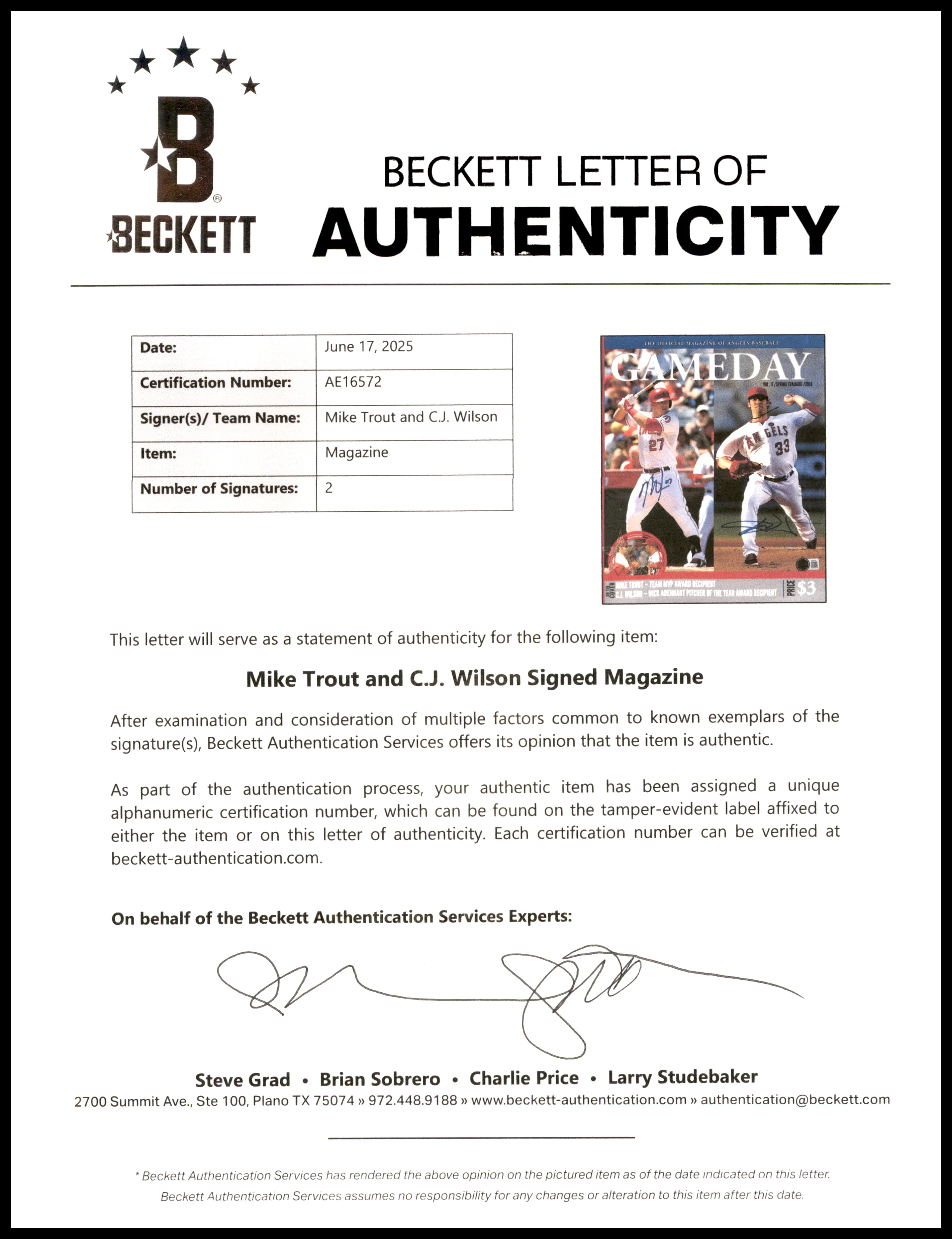 Mike Trout & C.J. Wilson Autographed Gameday Program California Angels Beckett BAS #AE16572 - Image 3