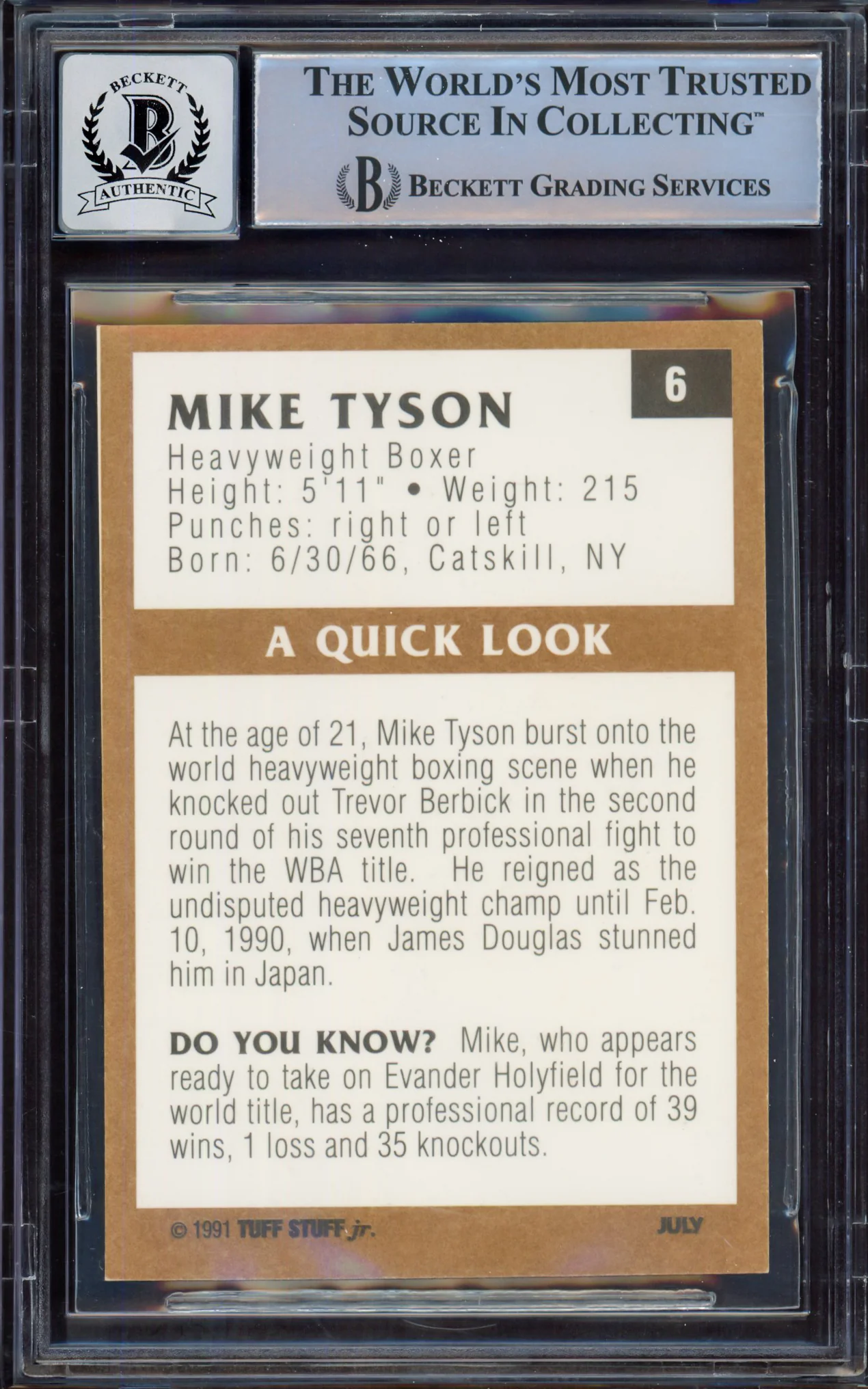 Mike Tyson Autographed 1991 Tuff Stuff Jr. Magazine Card #6 Auto Grade Gem Mint 10 Beckett BAS #15498035 - Image 2