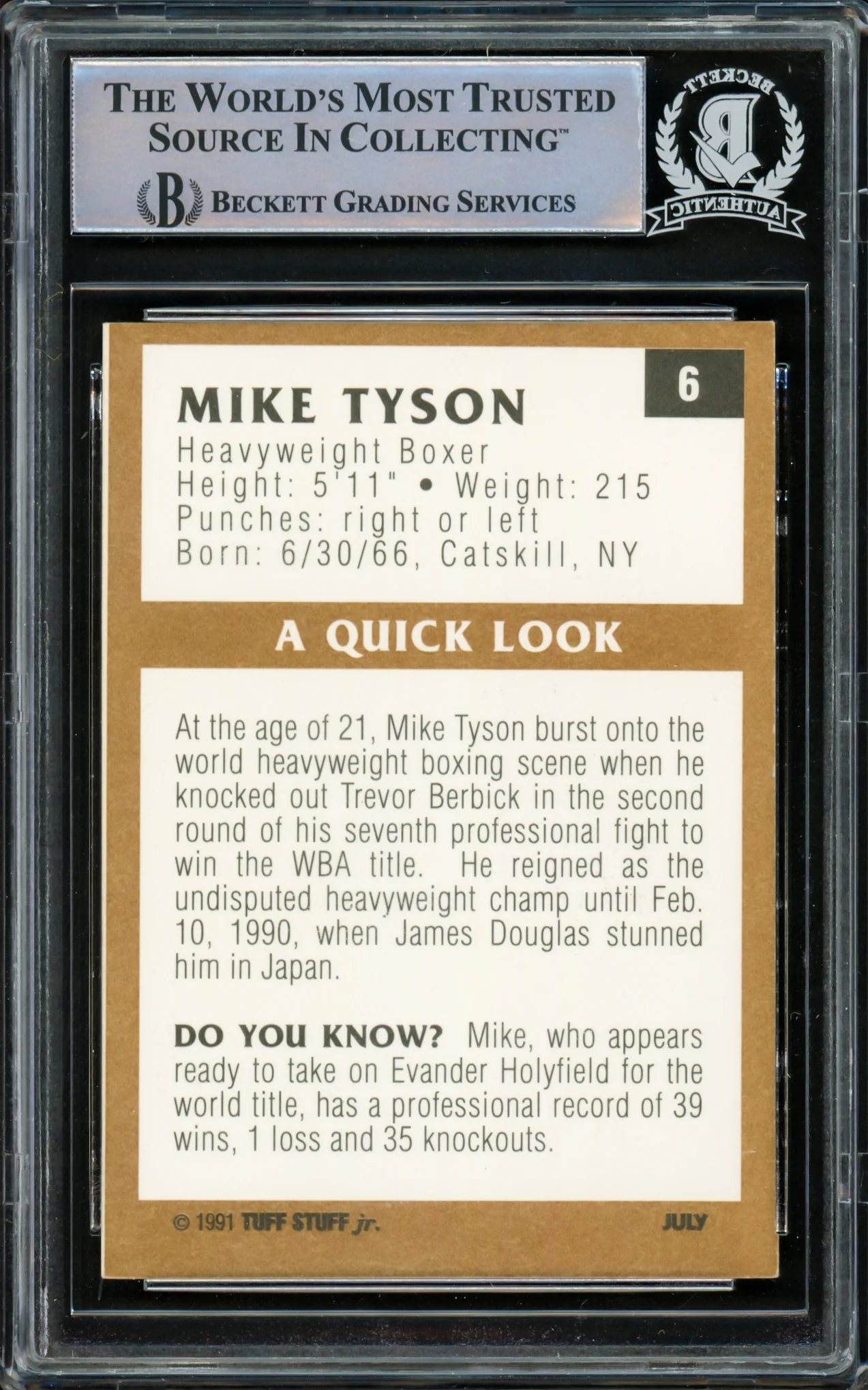 Mike Tyson Autographed 1991 Tuff Stuff Jr. Magazine Card #6 Beckett BAS Stock #216327 - Image 2