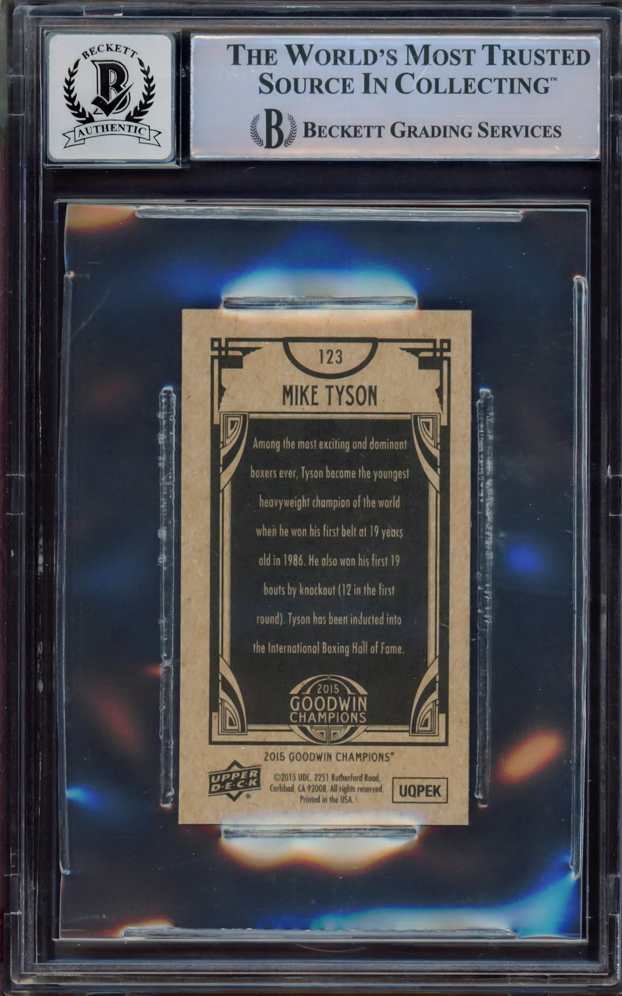 Mike Tyson Autographed 2015 Upper Deck Goodwin Champions Mini Card #123 Auto Grade Gem Mint 10 Beckett BAS #15498029 - Image 2