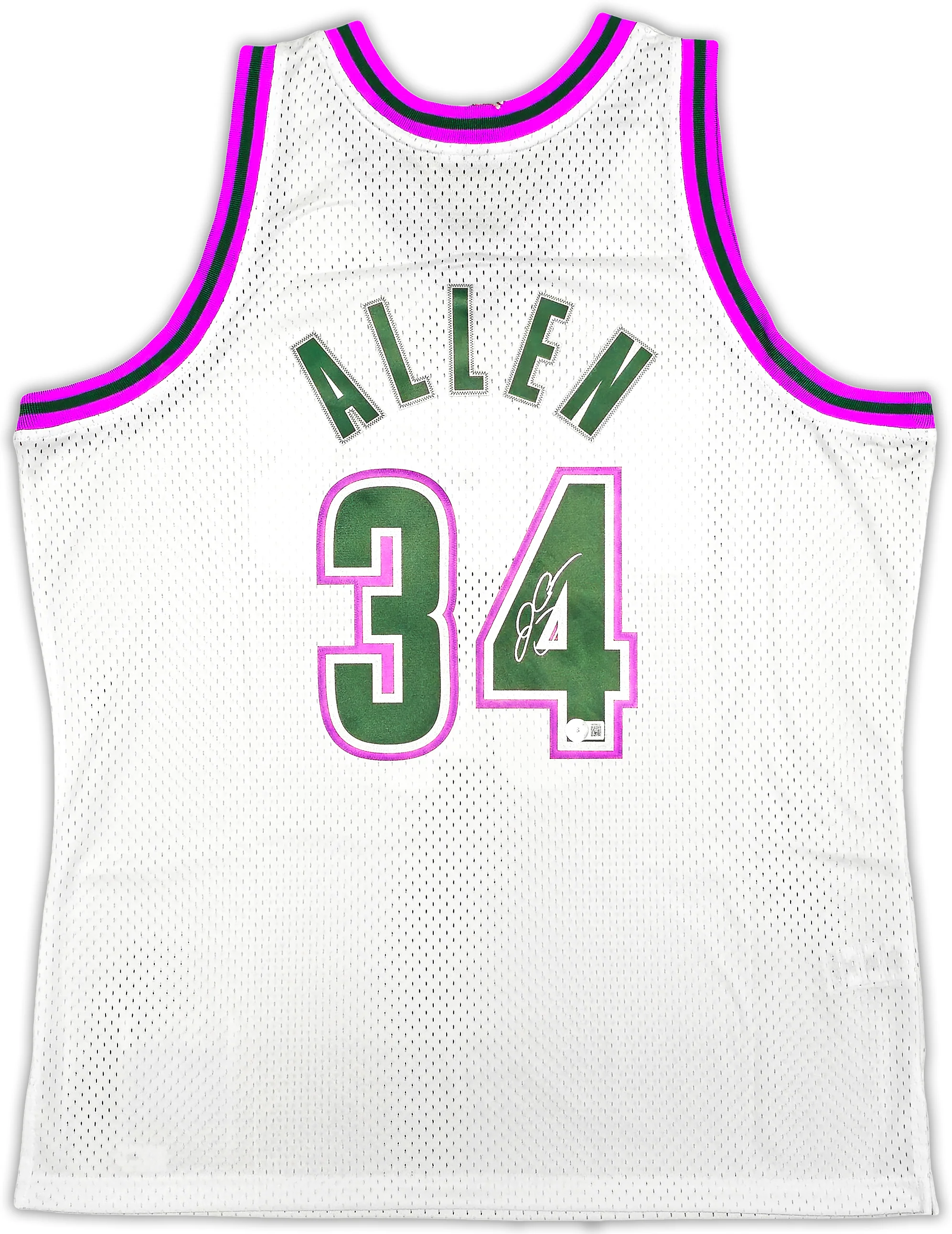 Milwaukee Bucks Ray Allen Autographed White Authentic Mitchell & Ness 1996-97 Ray Allen HWC Swingman Jersey Size XL Beckett BAS Witness Stock #221294 - Image 2
