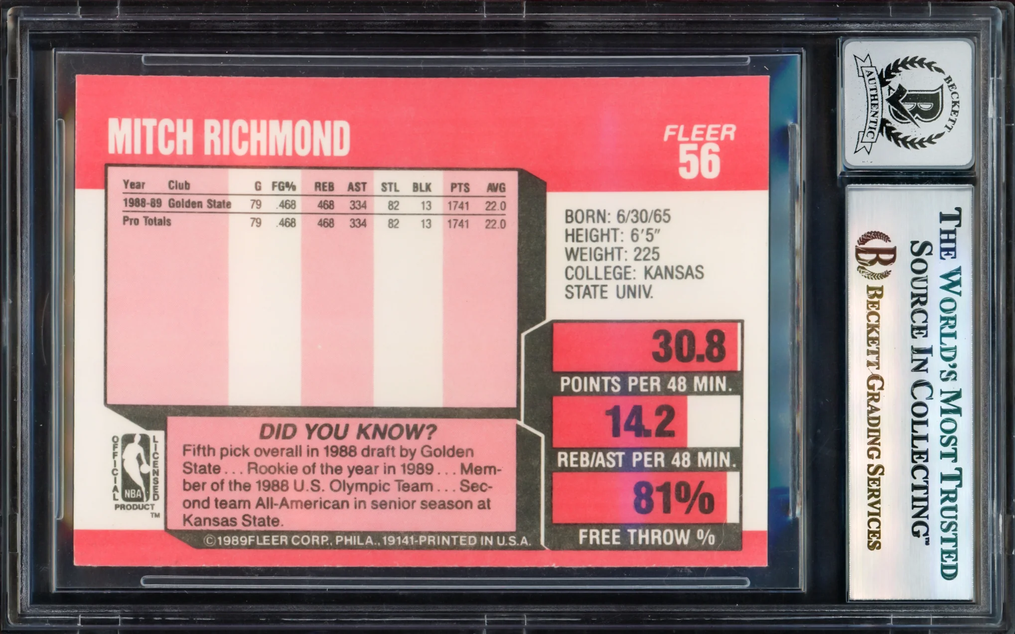 Mitch Richmond Autographed 1989-90 Fleer Rookie Card #56 Golden State Warriors Auto Grade Gem Mint 10 Beckett BAS Stock #239932 - Image 2