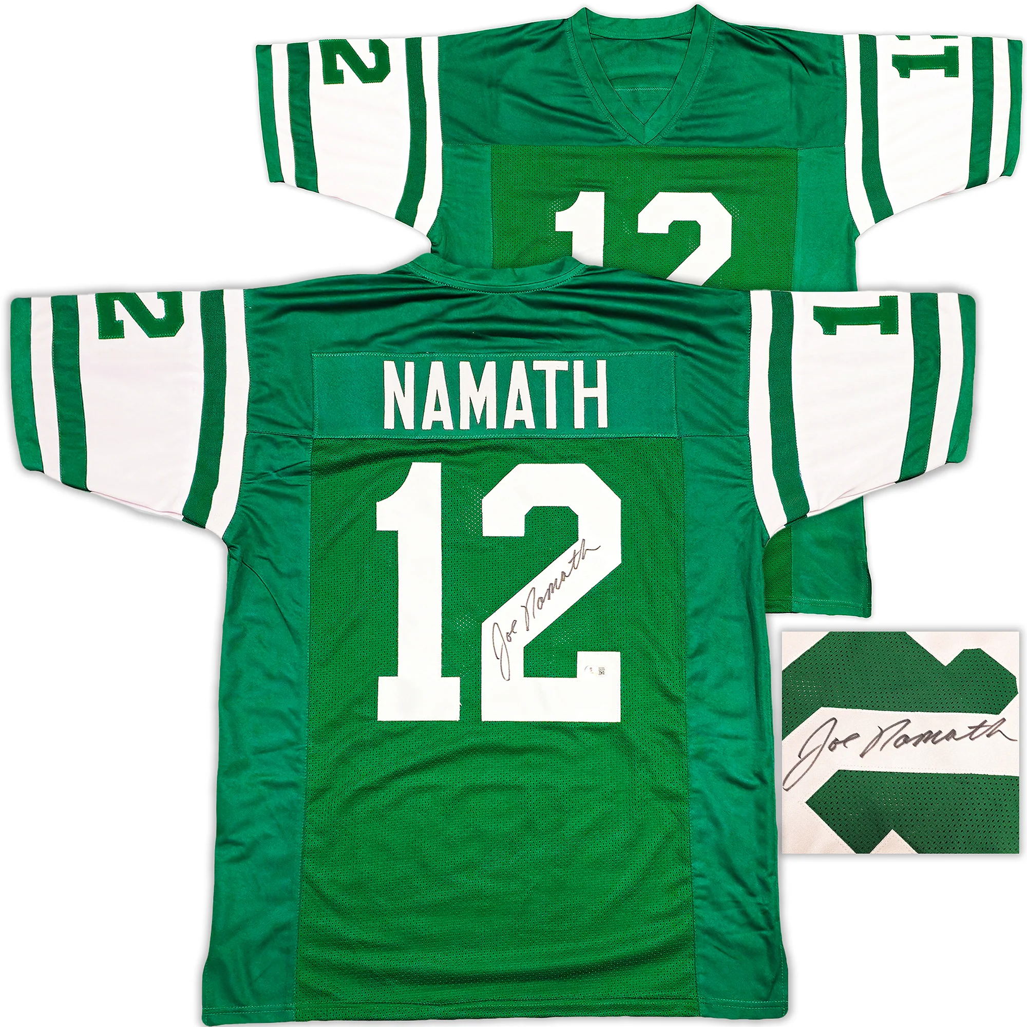 New York Jets Joe Namath Autographed Green Jersey Beckett BAS Witness Stock #237707