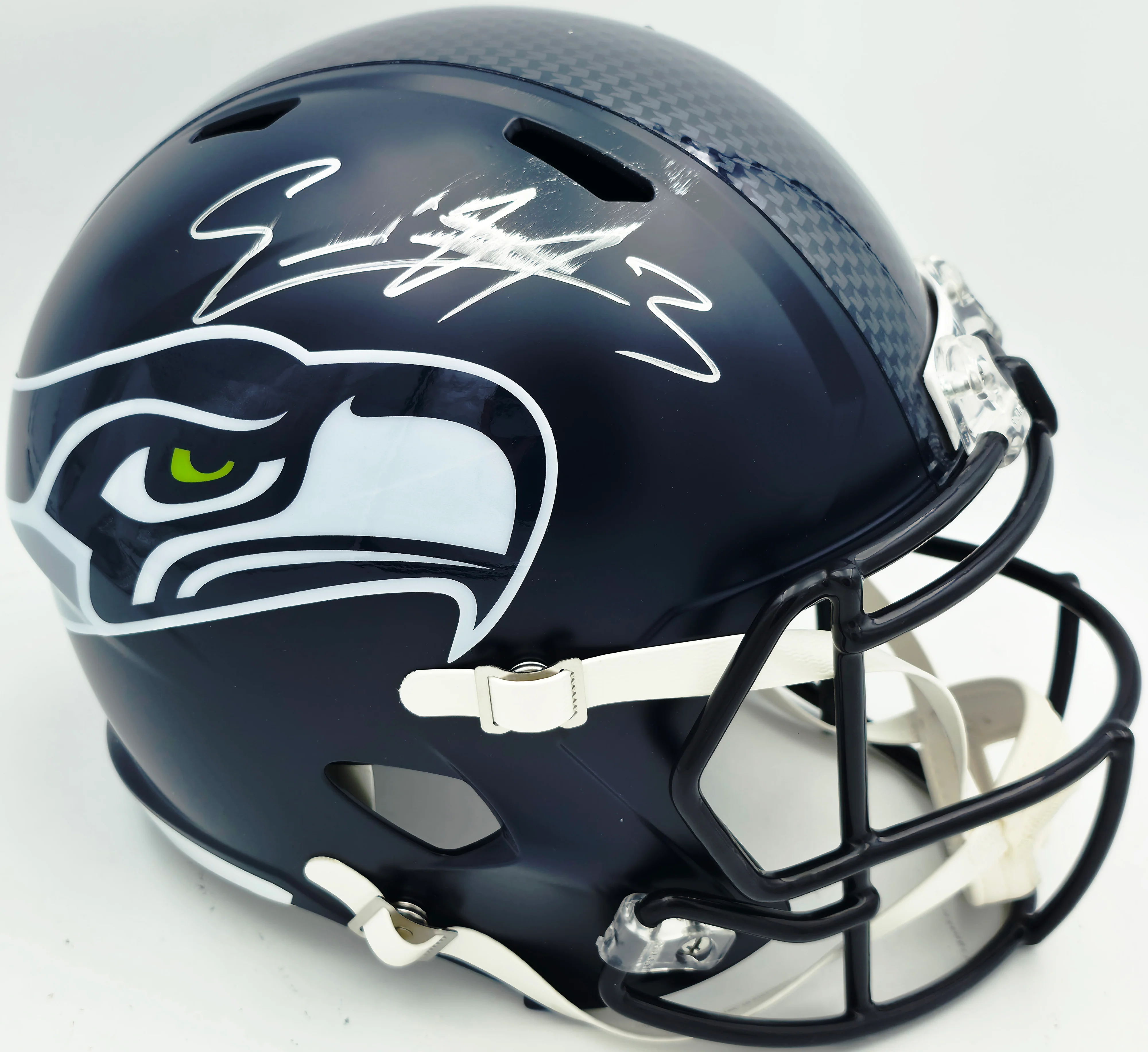 Nick Emmanwori Autographed Seattle Seahawks Blue Full Size Speed Replica Helmet (Signed Twice - Smudged) Beckett BAS Witness #4W530562 - Image 2
