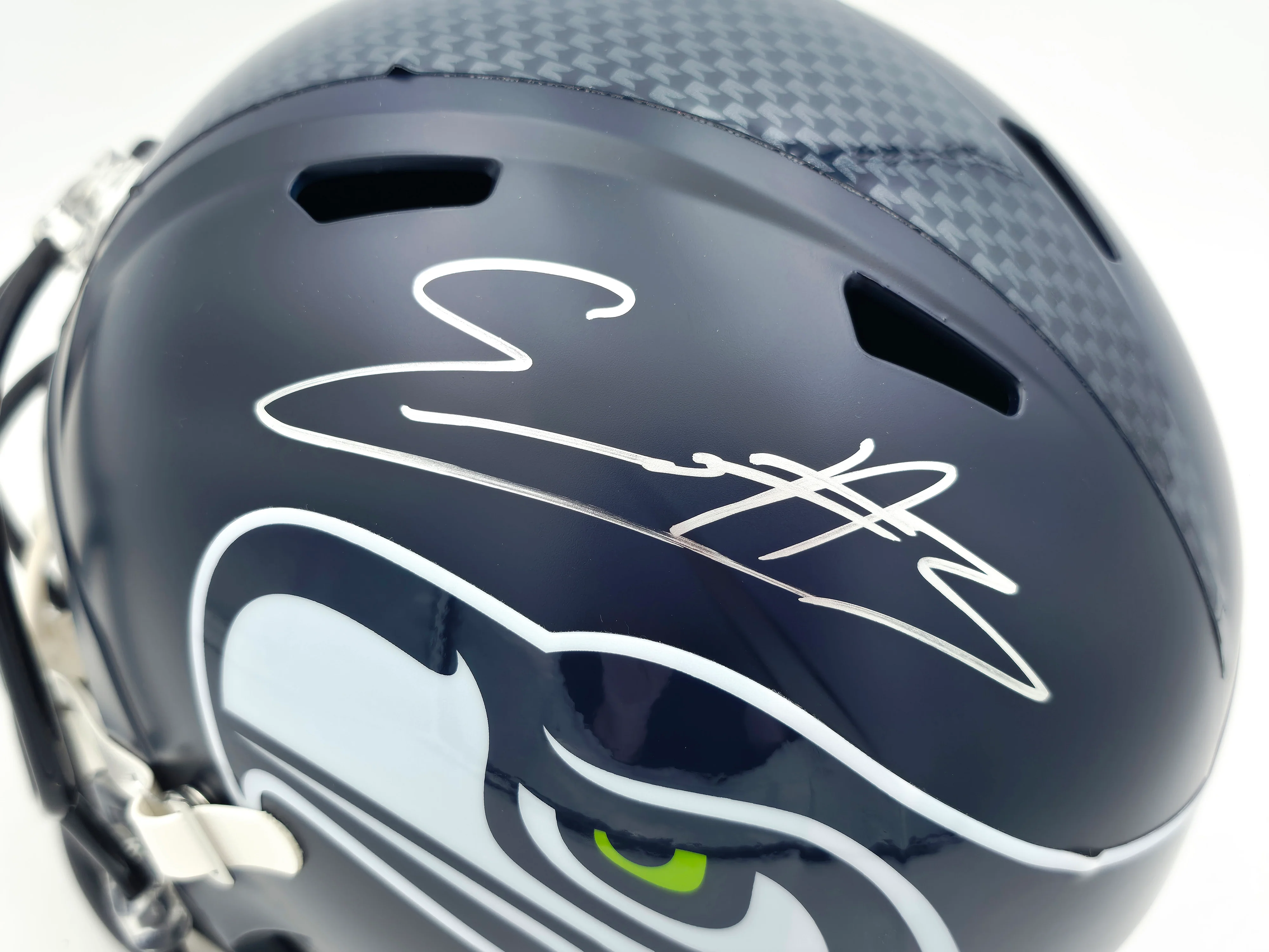 Nick Emmanwori Autographed Seattle Seahawks Blue Full Size Speed Replica Helmet (Signed Twice - Smudged) Beckett BAS Witness #4W530562 - Image 4