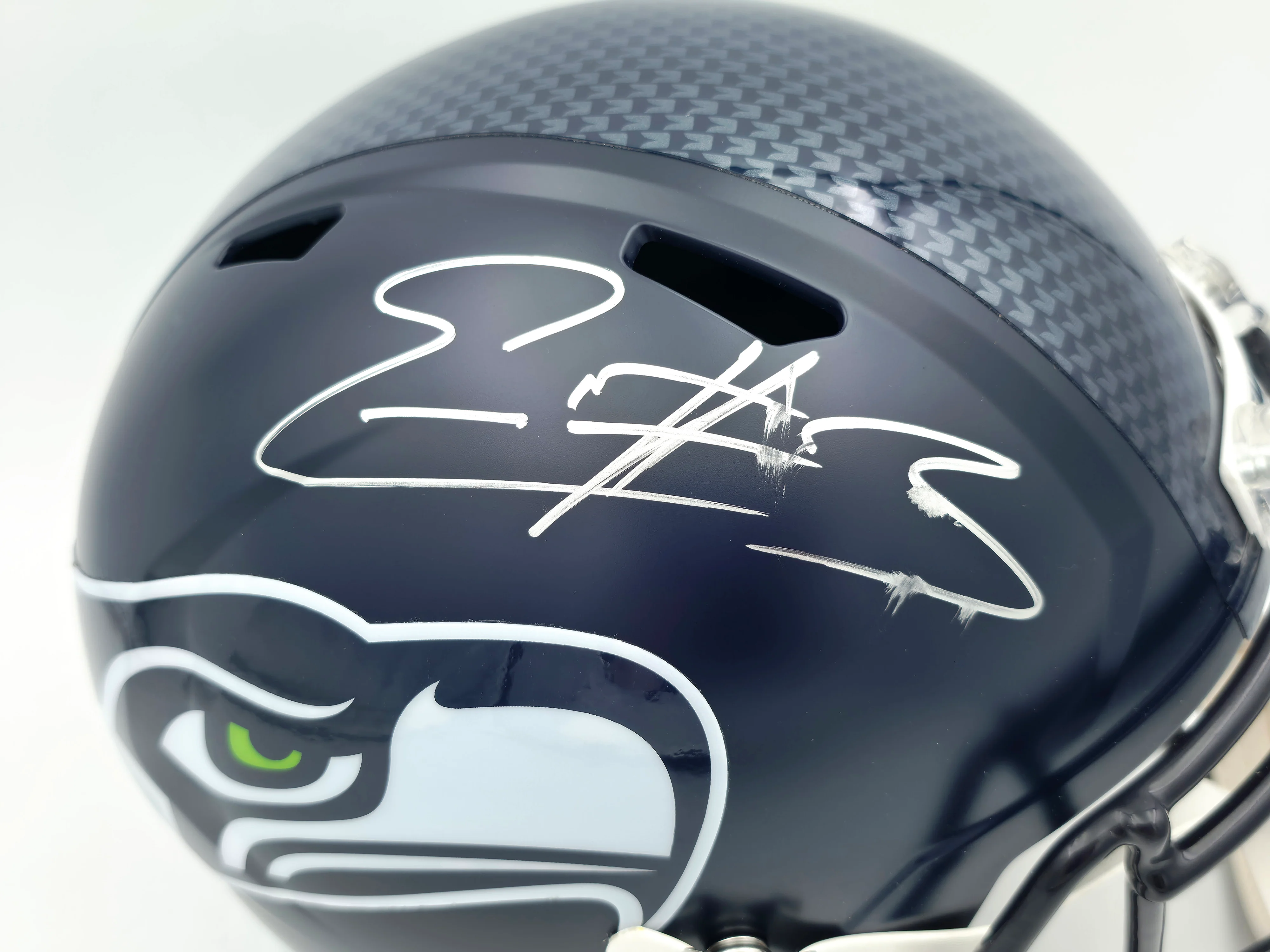 Nick Emmanwori Autographed Seattle Seahawks Blue Full Size Speed Replica Helmet (Signed Twice - Smudged) Beckett BAS Witness #4W530564 - Image 3