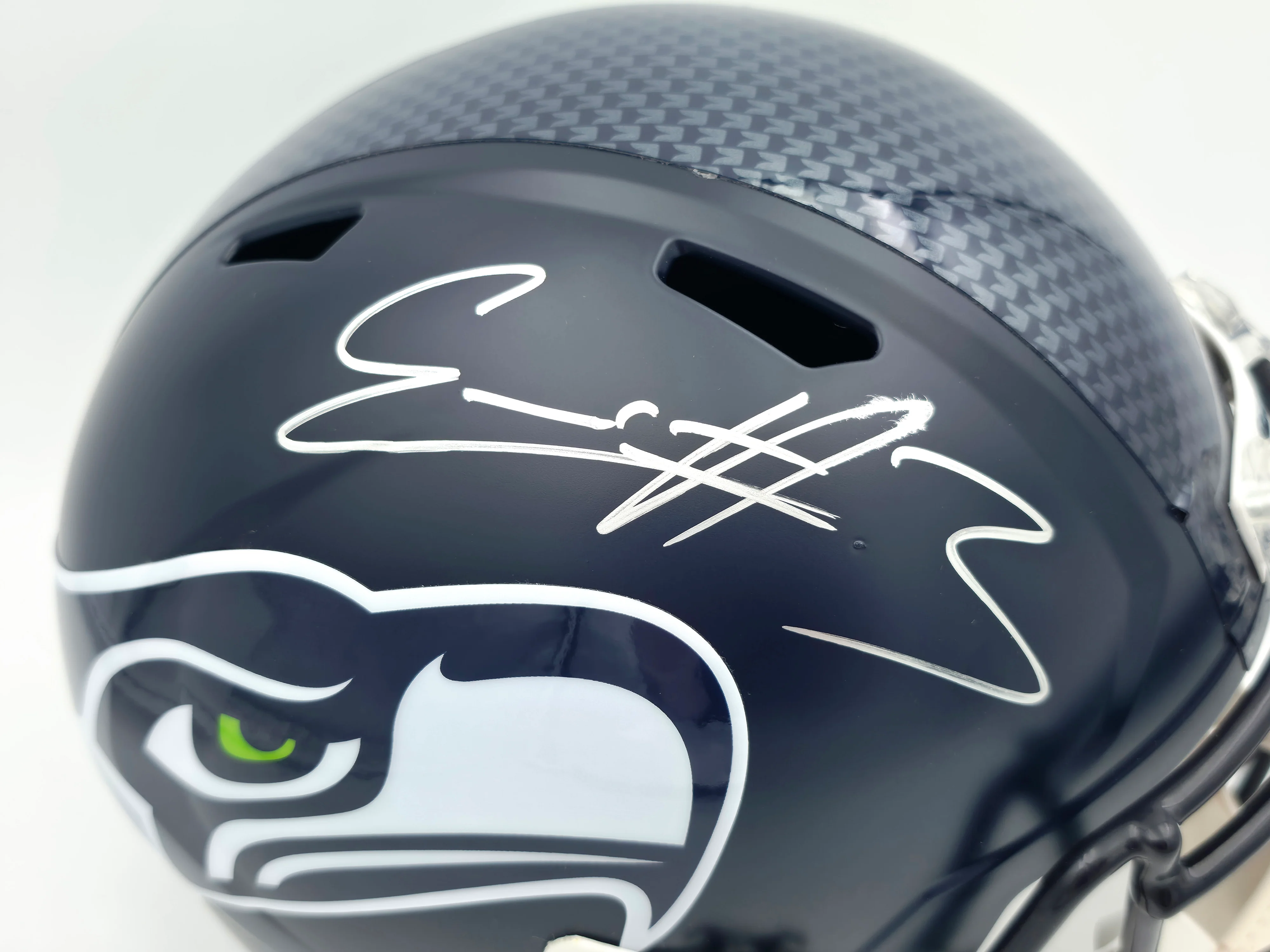 Nick Emmanwori Autographed Seattle Seahawks Blue Full Size Speed Replica Helmet (Signed Twice - Smudged) Beckett BAS Witness #4W530566 - Image 3