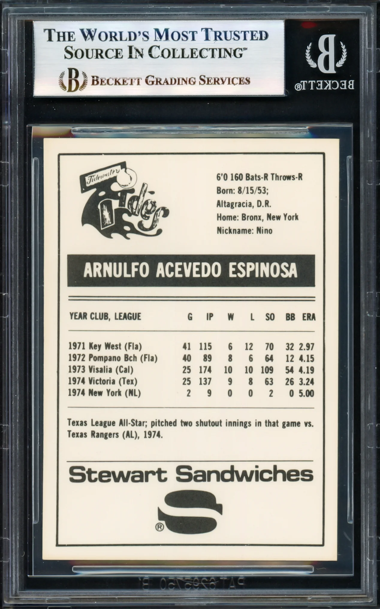 Nino Espinosa Autographed 1975 Stewart Sandwiches Rookie Card #10 Tidewater Tides Beckett BAS #17068947 - Image 4