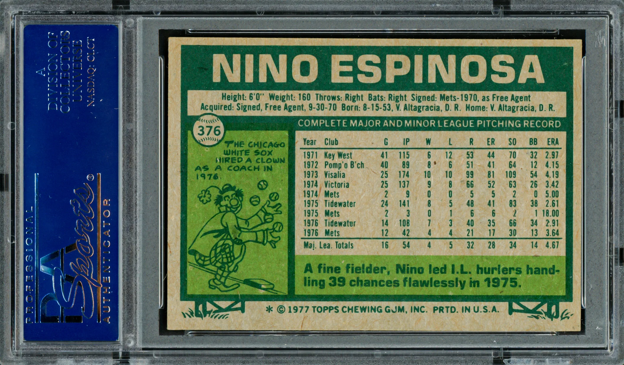 Nino Espinosa Autographed 1977 Topps Card #376 New York Mets PSA/DNA #83306574 - Image 2