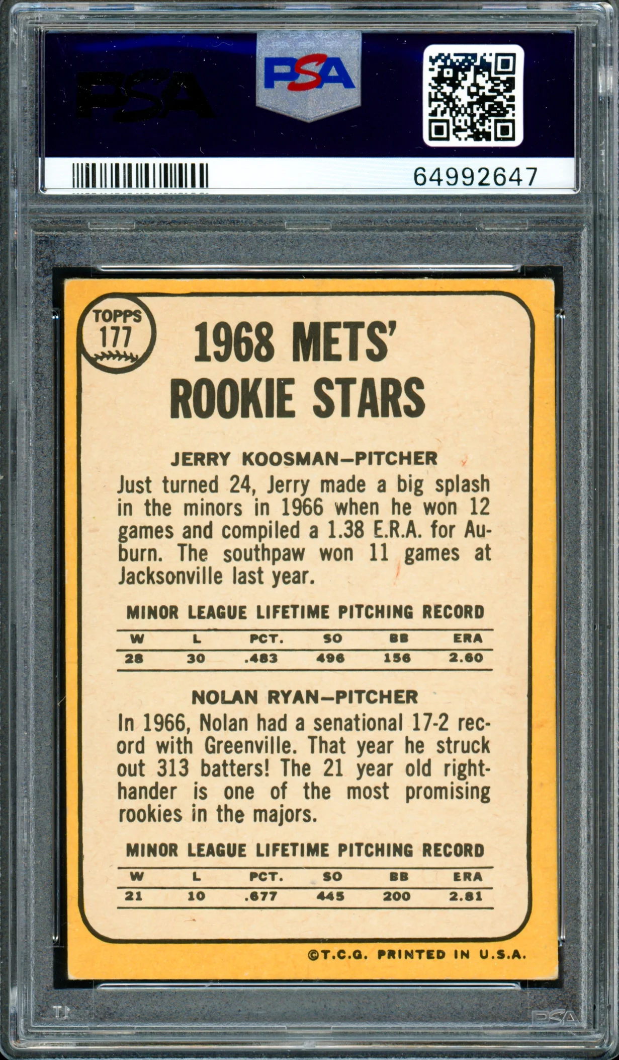Nolan Ryan Autographed 1968 Topps Rookie Card #177 New York Mets PSA 3 Auto Grade Gem Mint 10 PSA/DNA #64992647 - Image 2