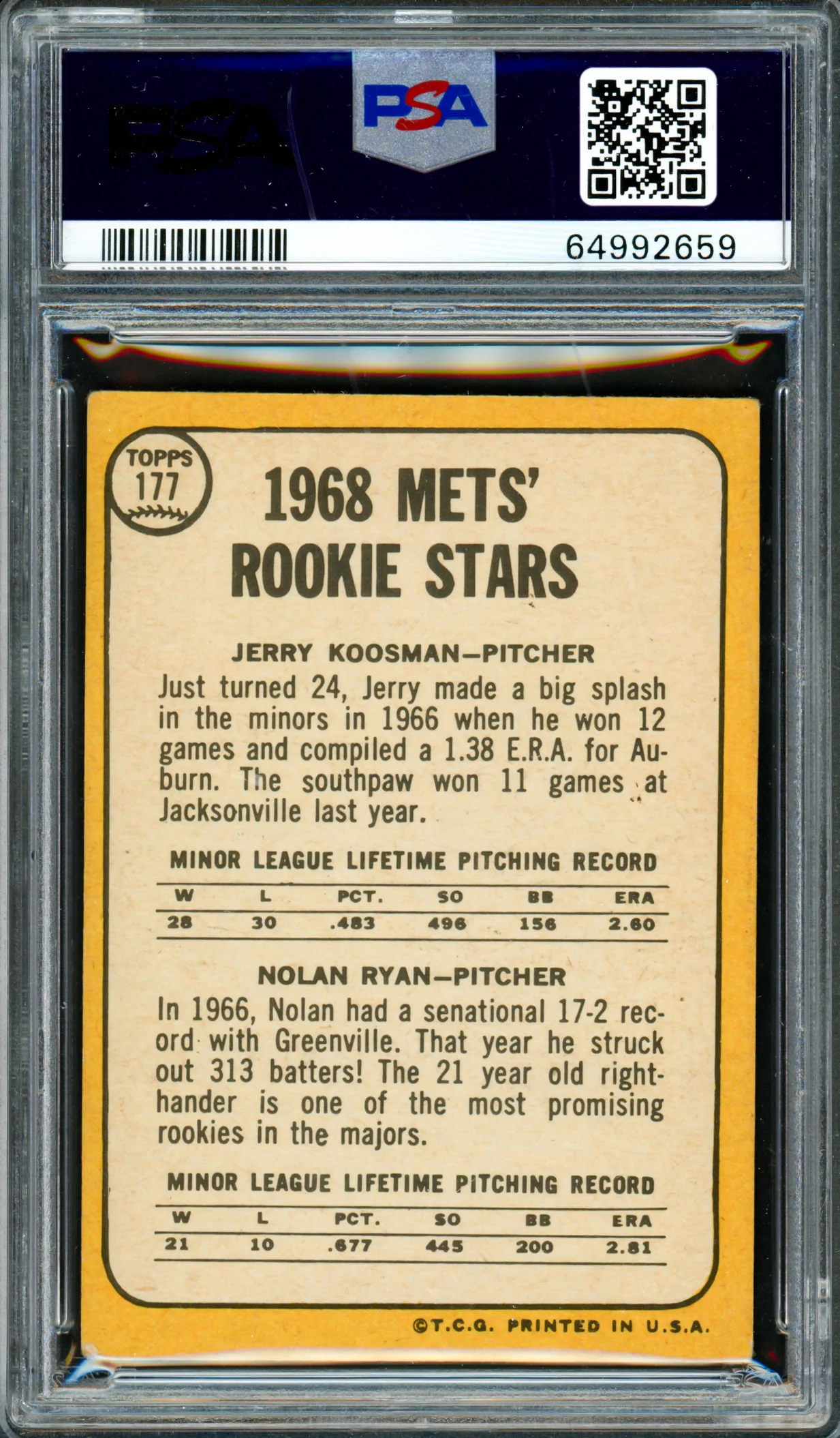 Nolan Ryan Autographed 1968 Topps Rookie Card #177 New York Mets PSA 4 Auto Grade Gem Mint 10 PSA/DNA #64992659 - Image 2