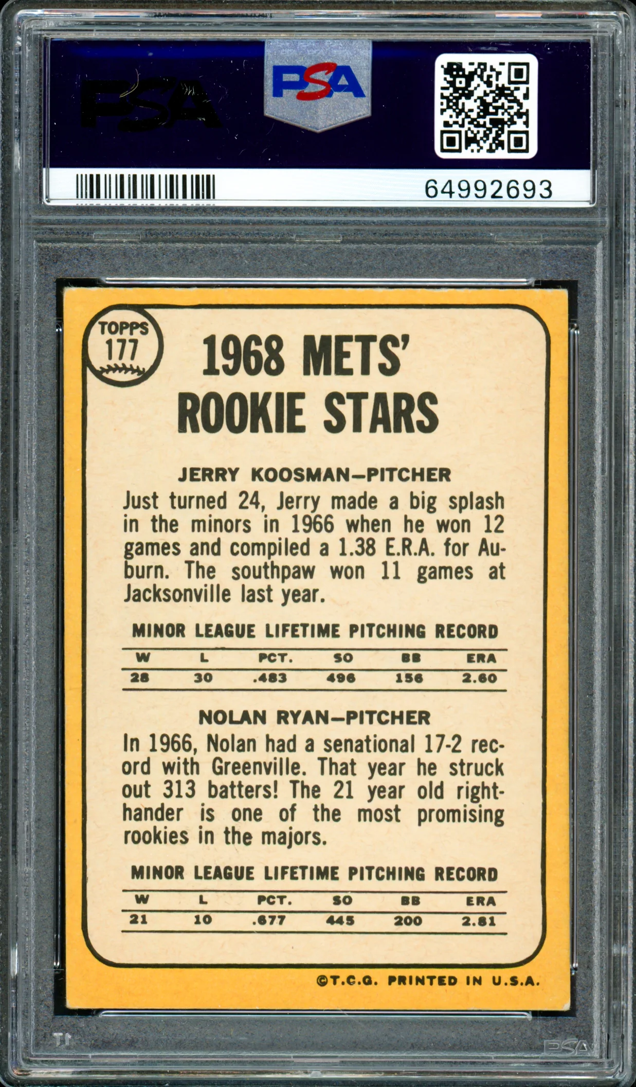 Nolan Ryan Autographed 1968 Topps Rookie Card #177 New York Mets PSA 4 Auto Grade Gem Mint 10 PSA/DNA #64992693 - Image 2