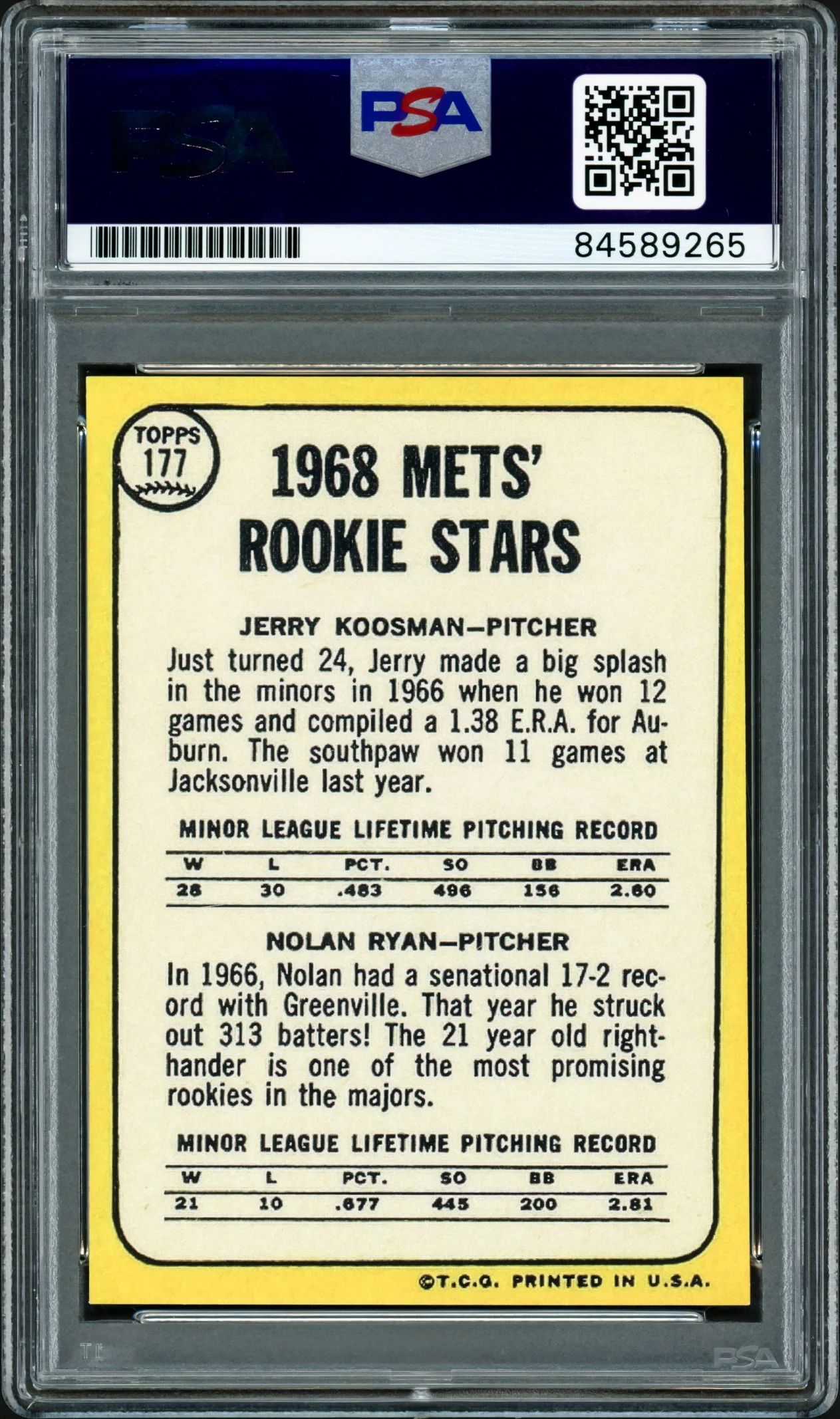 Nolan Ryan & Jerry Koosman Autographed 1968 Topps Rookie Reprint Card #177 New York Mets Auto Grade Gem Mint 10 PSA/DNA Stock #203893 - Image 2
