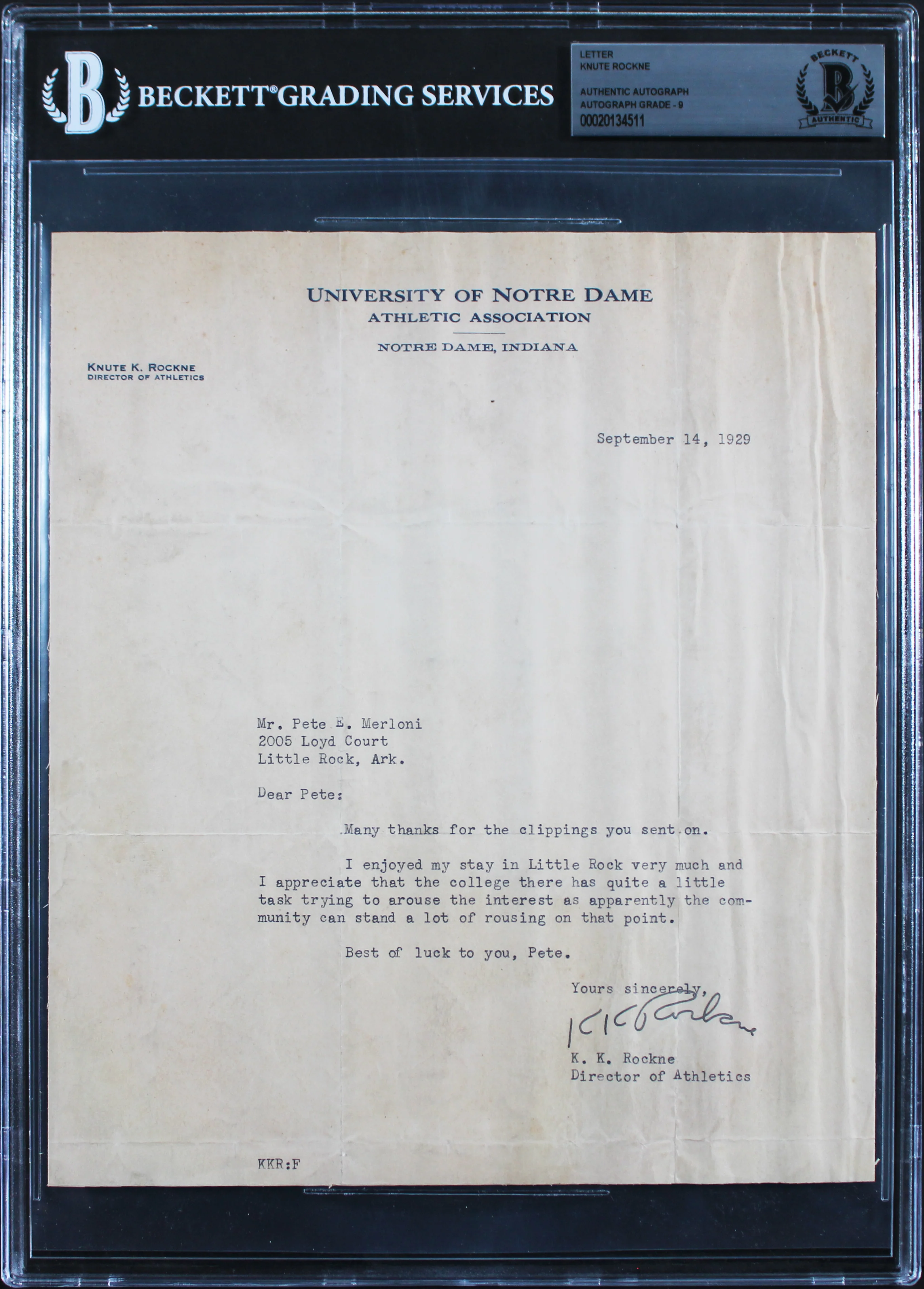 Notre Dame Knute Rockne Authentic Signed 8x9 1929 Letter Auto Graded 9! BAS Slab