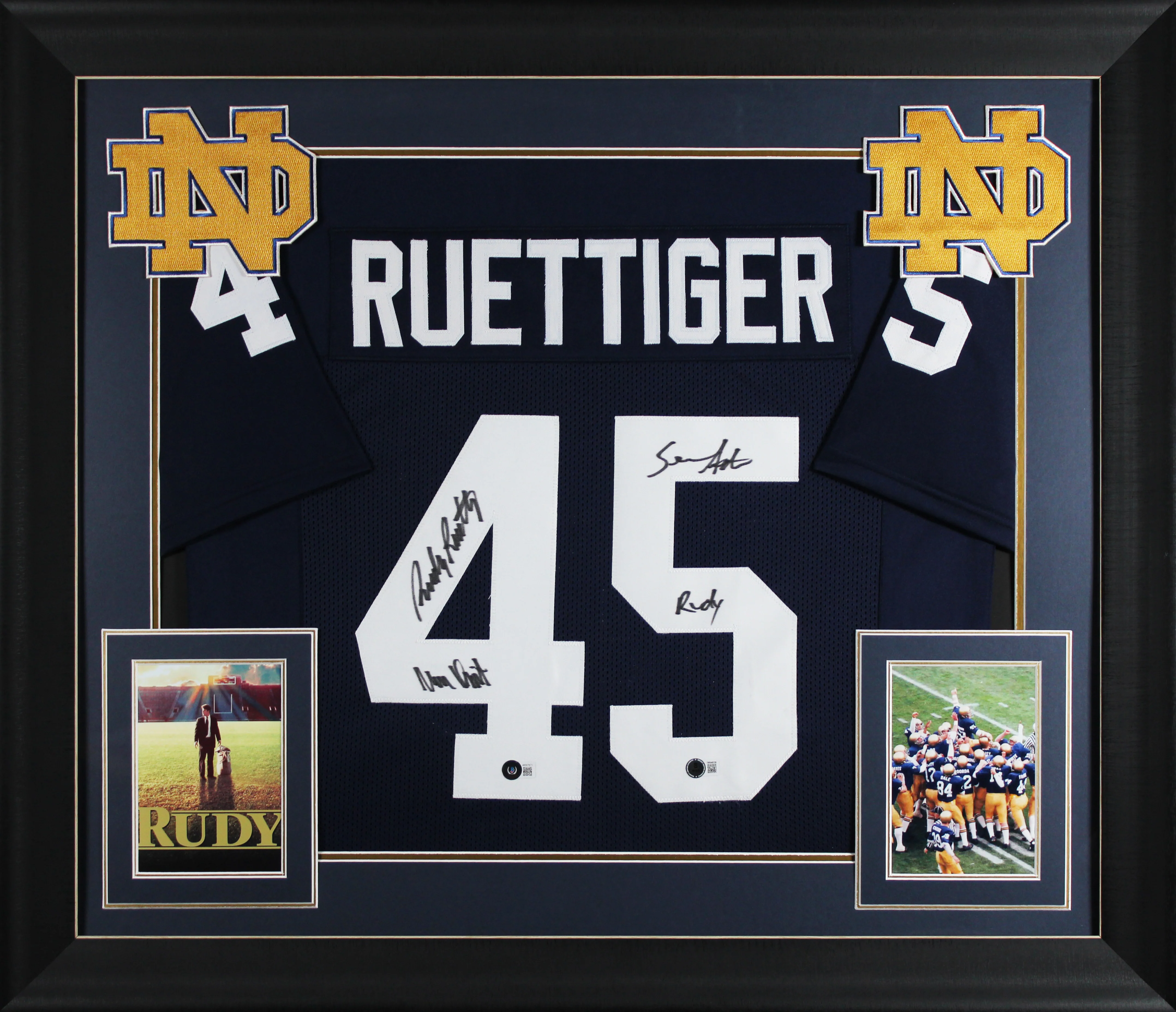 Notre Dame Rudy Ruettiger & Sean Astin Signed Navy Pro Style Framed Jersey BAS W - Image 2