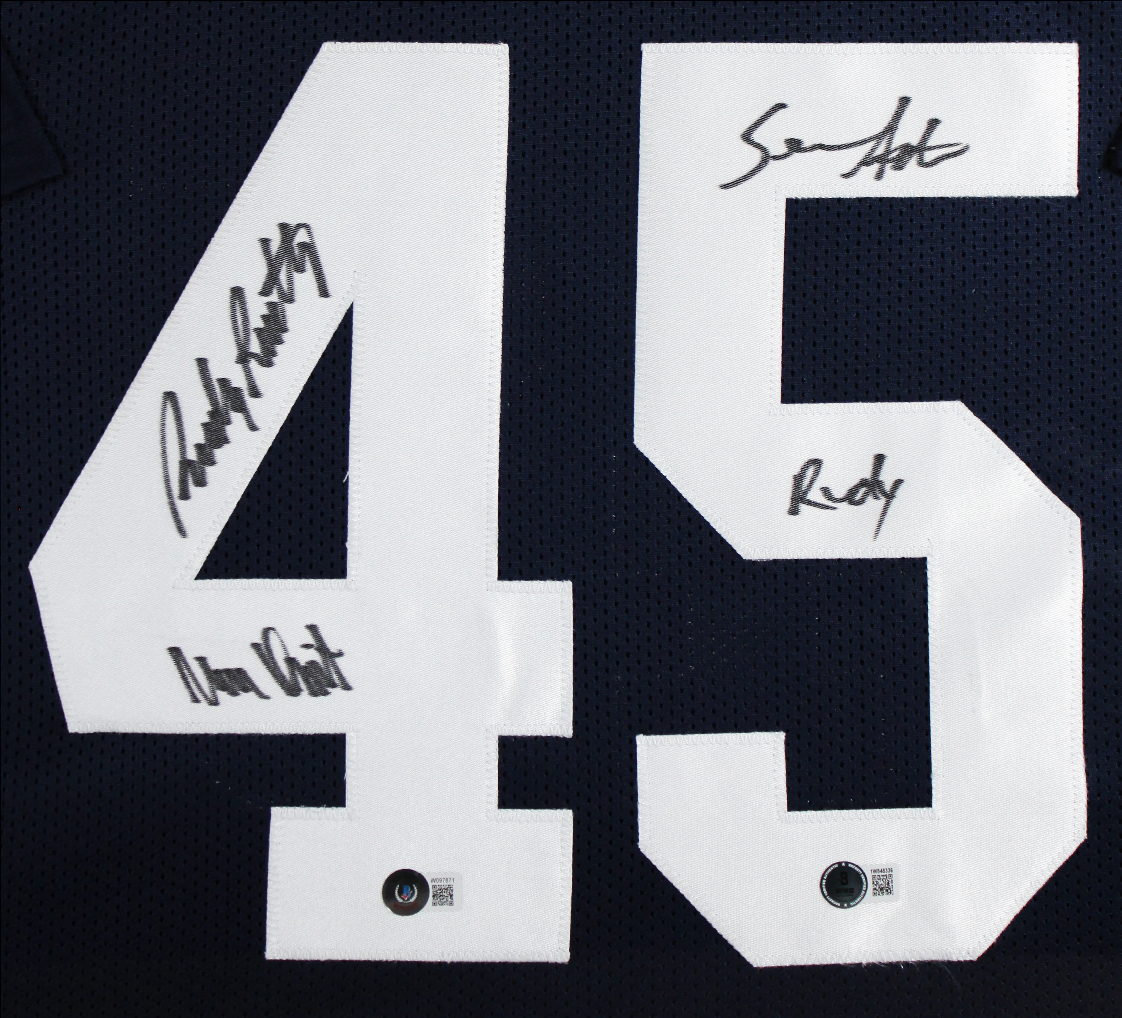 Notre Dame Rudy Ruettiger & Sean Astin Signed Navy Pro Style Framed Jersey BAS W - Image 3