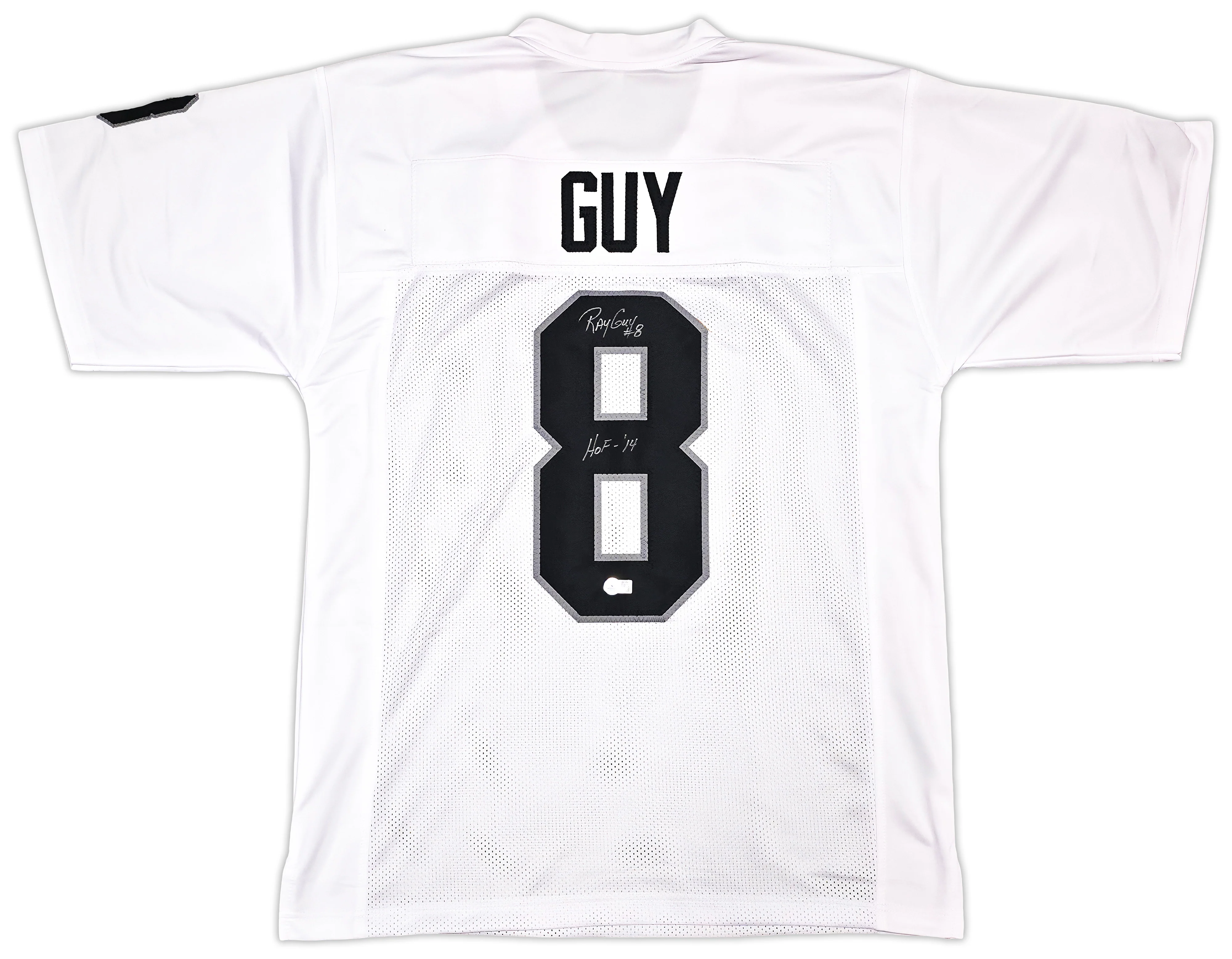 Oakland Raiders Ray Guy Autographed White Jersey "HOF 14" Beckett BAS QR Stock #256904
